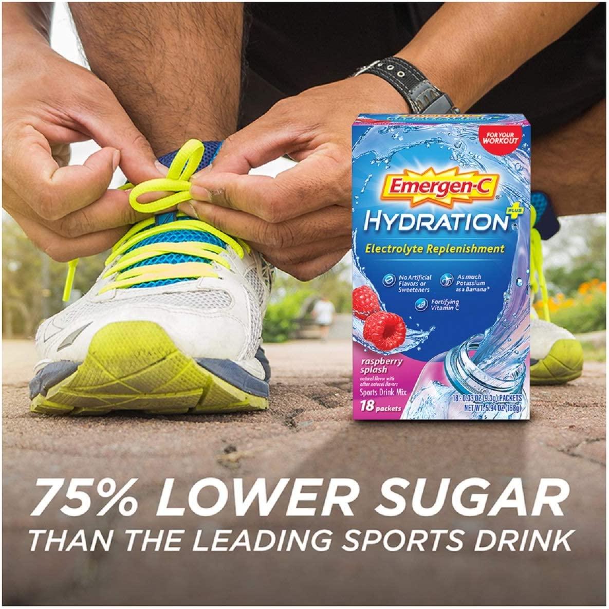 EmergenC Hydration Plus Electrolyte â€“ Raspberry Splash, 18 Packets