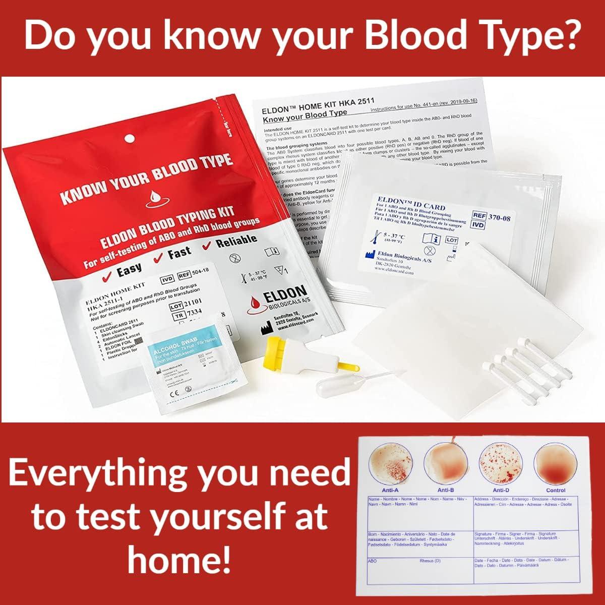 Eldoncard Blood Kit 1 Test Know Your Blood Type Instant Home Testing Kit A O B Negative and Positive Blood Tested