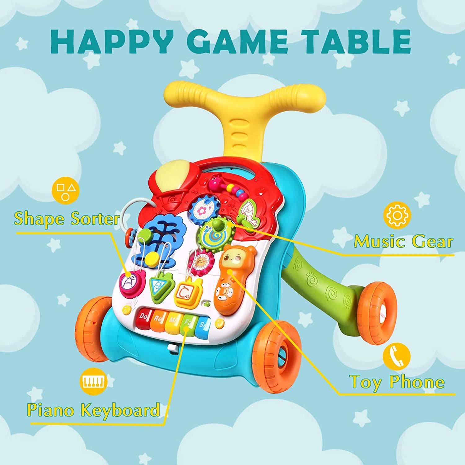 3 in 1 Sit to Stand Walker, Baby Push Walker with Musical Play Table