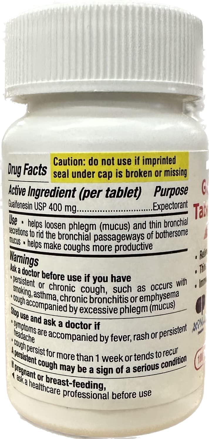 Guaifenesin 400 mg 100 Tablets Fast Acting Thinning of Mucus for
