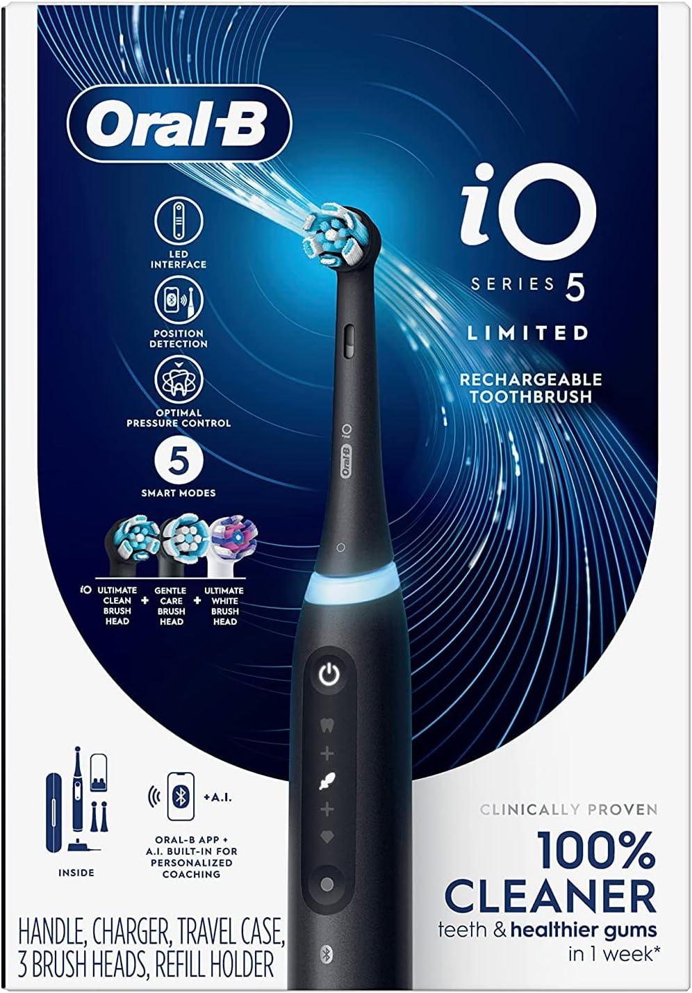 Oral-B iO Series 5 Limited Edition Electric Toothbrush with 3 Brush Heads  Smart Display Ultimate Clean Ultimate White Pressure Sensor Rechargeable  Black with Microfiber Cleaning Cloth