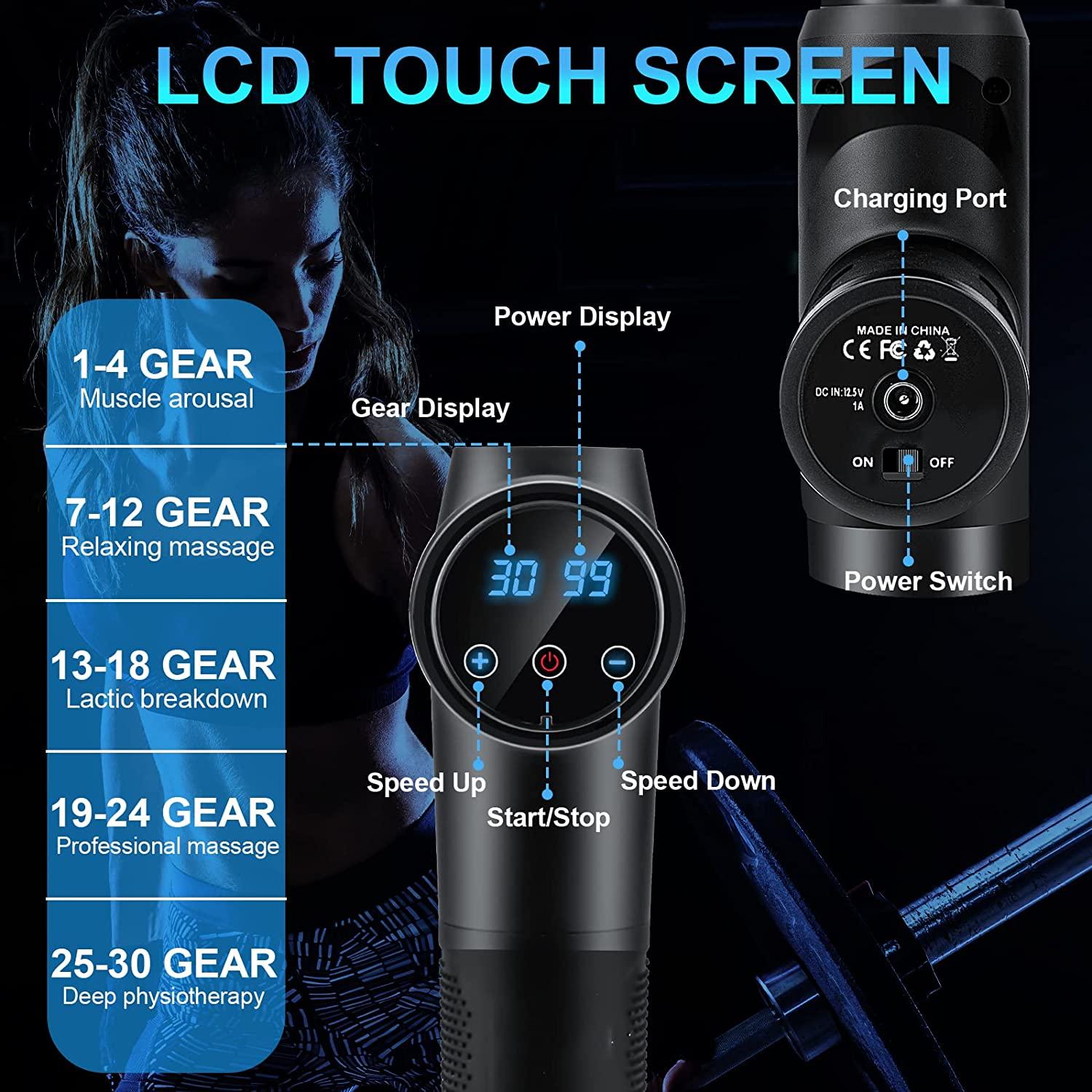  30 Gears LCD Touch Screen High Frequency Massage Gun Muscle  Relax Body Relaxation Electric Massager with Portable Bag 6 Heads-20  Gears-Carbon Black : Health & Household