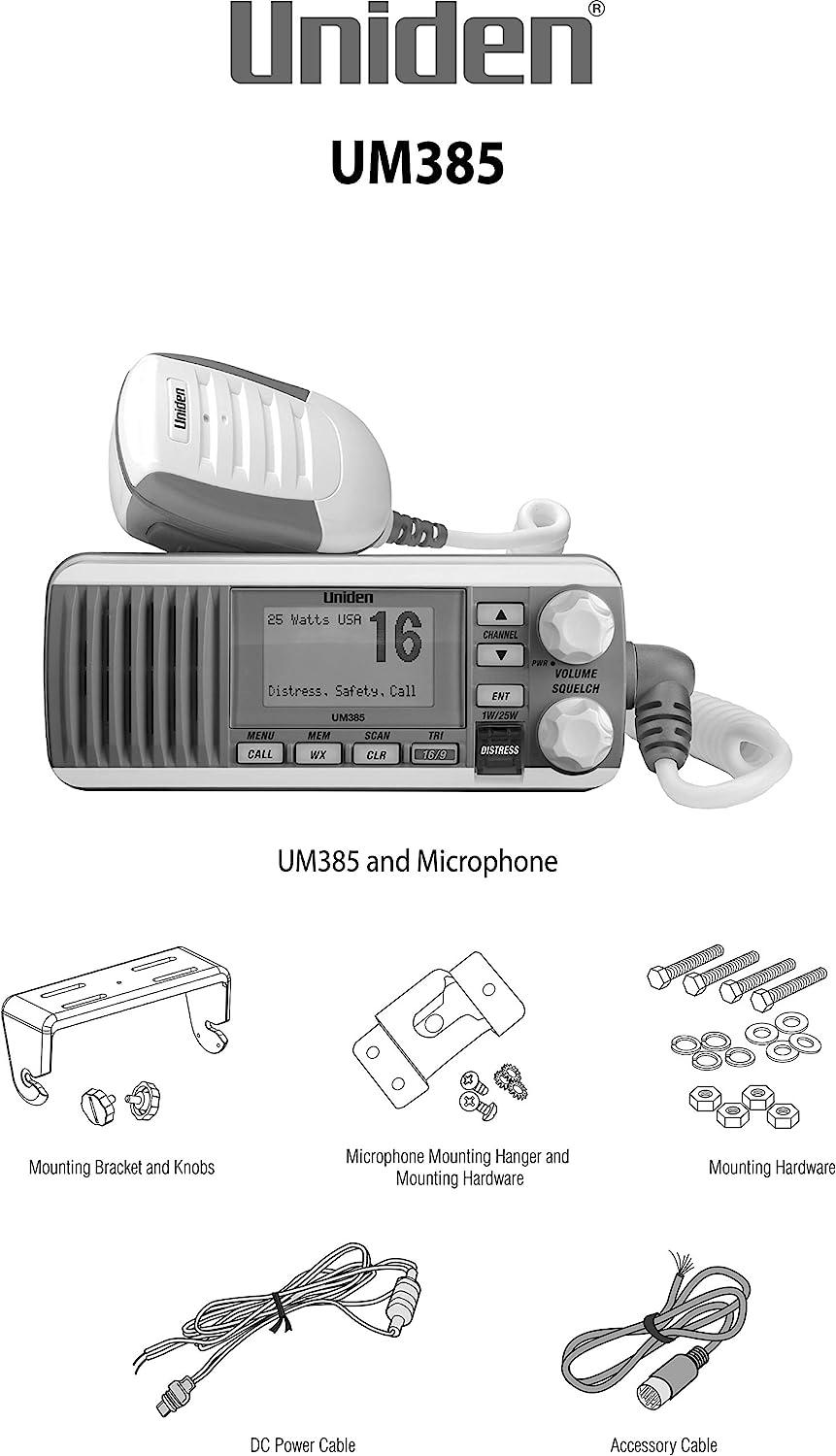 Uniden UM385BK 25 Watt Fixed Mount Marine Vhf Radio, Waterproof IPX4 W