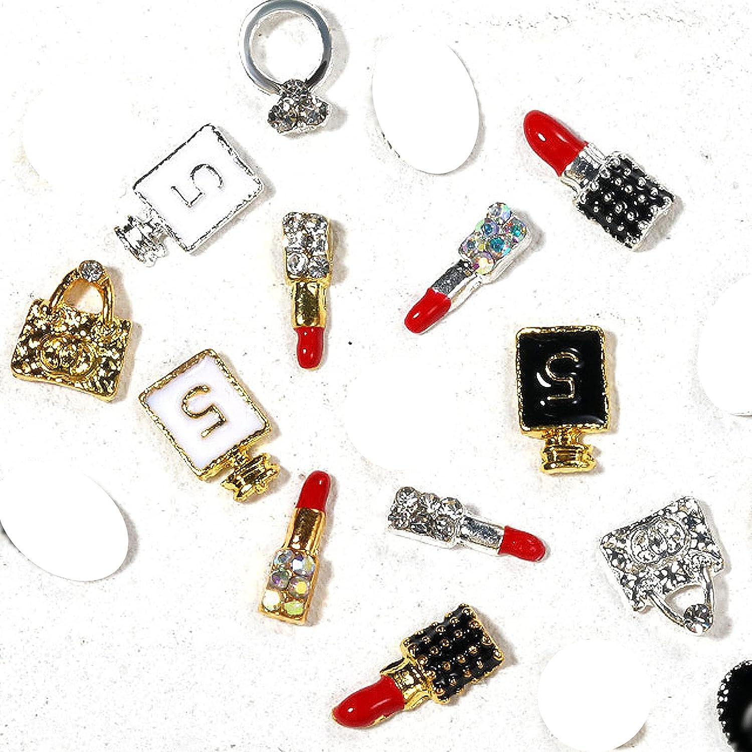 12Pcs Alloy Nail Charms Handbag Lipstick Nail Charms Gold 3D Crystal Gems  Luxury Jewelry Charms Rhinestones for Nails DIY Art S4-Lipstick