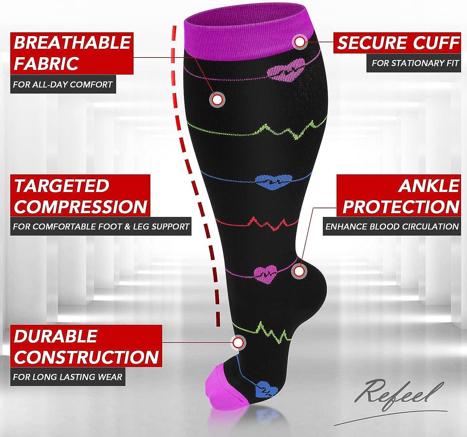 Refeel Plus Size Compression Socks Wide Calf For Women & Men 20-30 mmhg - Large  Size Knee High Support Stockings For Medical 01- Black/Purple/Navy XX-Large