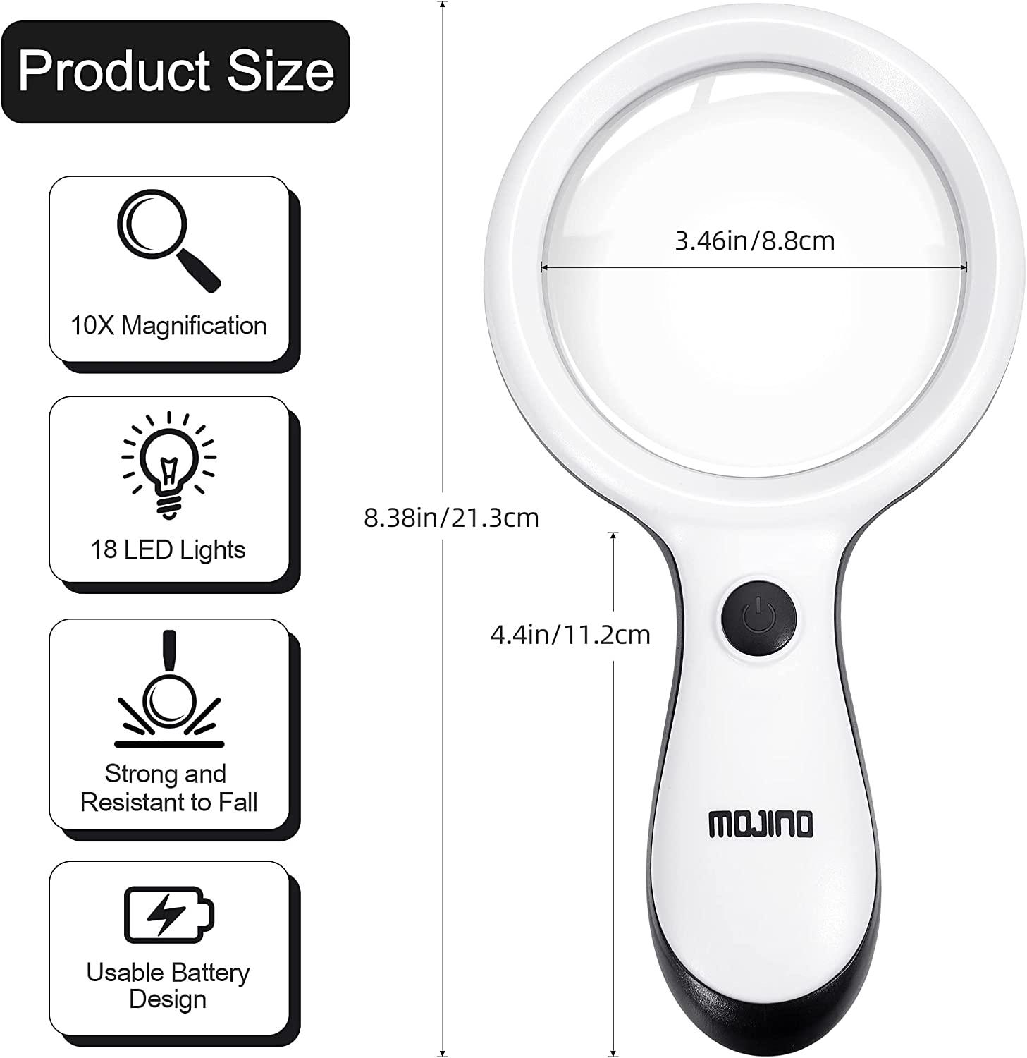Magnifying Glass with Light, MOJINO 10X Lighted Large Handheld Reading
