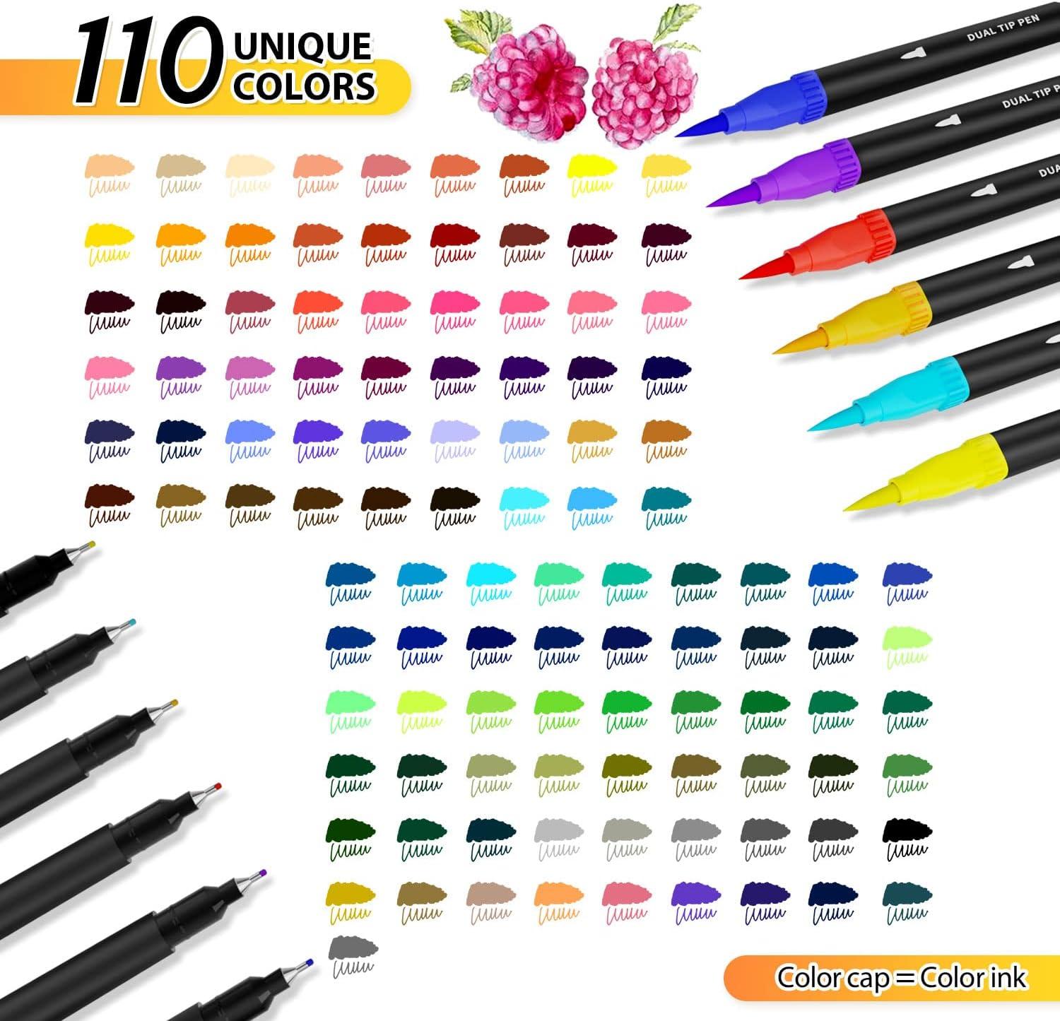 sunacme Art Supplier Dual Brush Markers Pen 110 Artist Coloring Marker Set  Fineliner & Brush Tip Pens with Premium Case for Adults Coloring Books &  Kids Journal Drawing Doodling 110 Colors