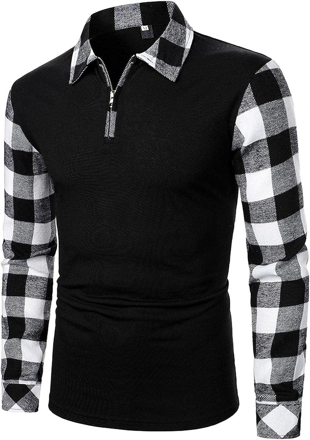 JSPOYOU Mens Plaid Printed Polo Shirts hisper Long Sleeve Lapel Zipper Blouse  Casual Slim Fit Business Office Shirts Tops Black, XX-Large