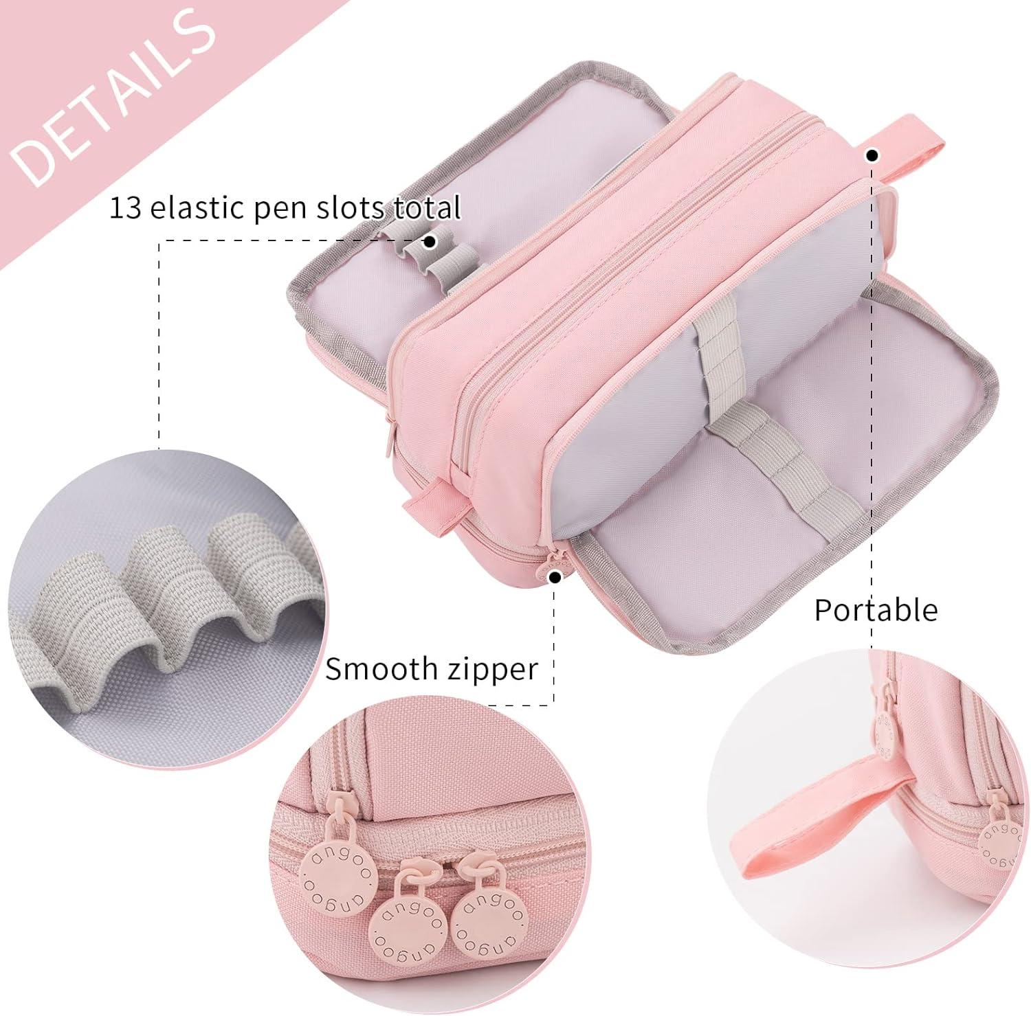 Cicimelon Large Capacity Pencil Case 3 Compartments Pen Pouch Pencil Bag for Students Girls Adults Women (Pink)