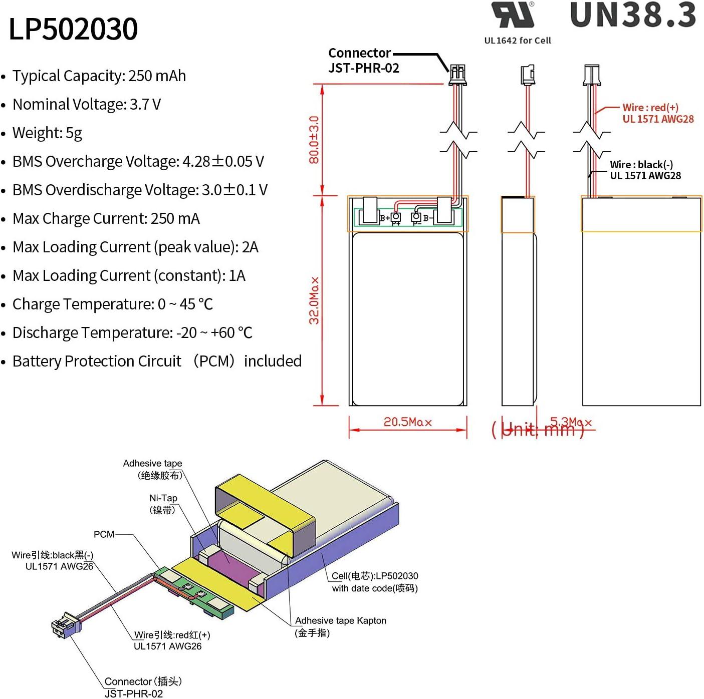 EEMB Lithium Polymer Battery 3.7V 250mAh 502030 Lipo Rechargeable