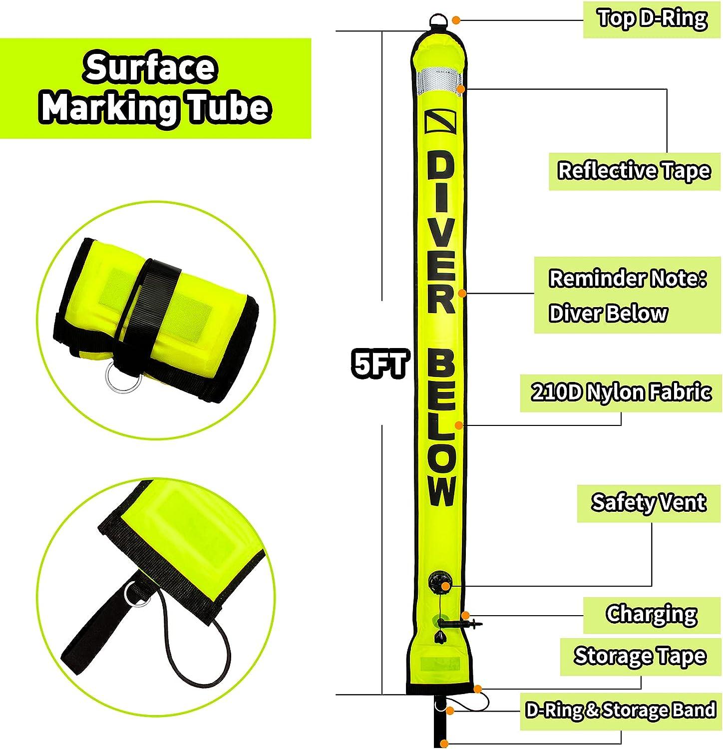 Pluzluce 5FT/6FT Diving Surface Marker Buoy (SMB), Signal Tube Safety  Sausage with 100FT Aluminum Big Finger Spool Reel and Double Ended Hook  Clip for Underwater Scuba Diving Snorkeling 5ft Yellow Smb+black Reel