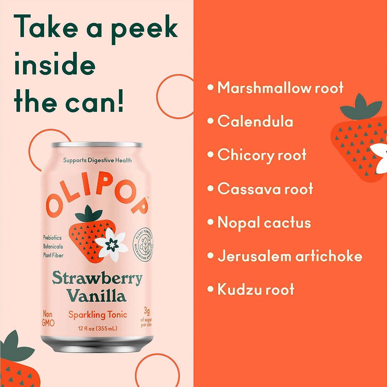 OLIPOP Strawberry Vanilla Sparkling Tonic 12oz 12Pack Prebiotic Soft