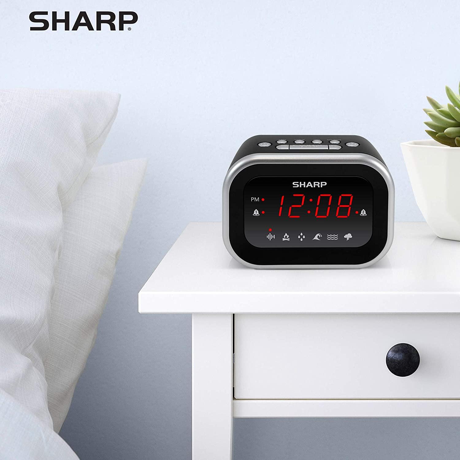 SHARP Dual Alarm Clock with Sound Machine with 6 Relaxing Sounds White