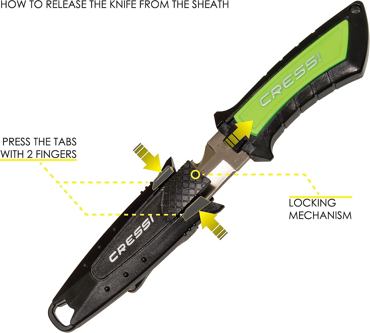 Cressi Short Blade Knife for Scuba Diving and Spearfishing with QuickRelease Sheath & Hose