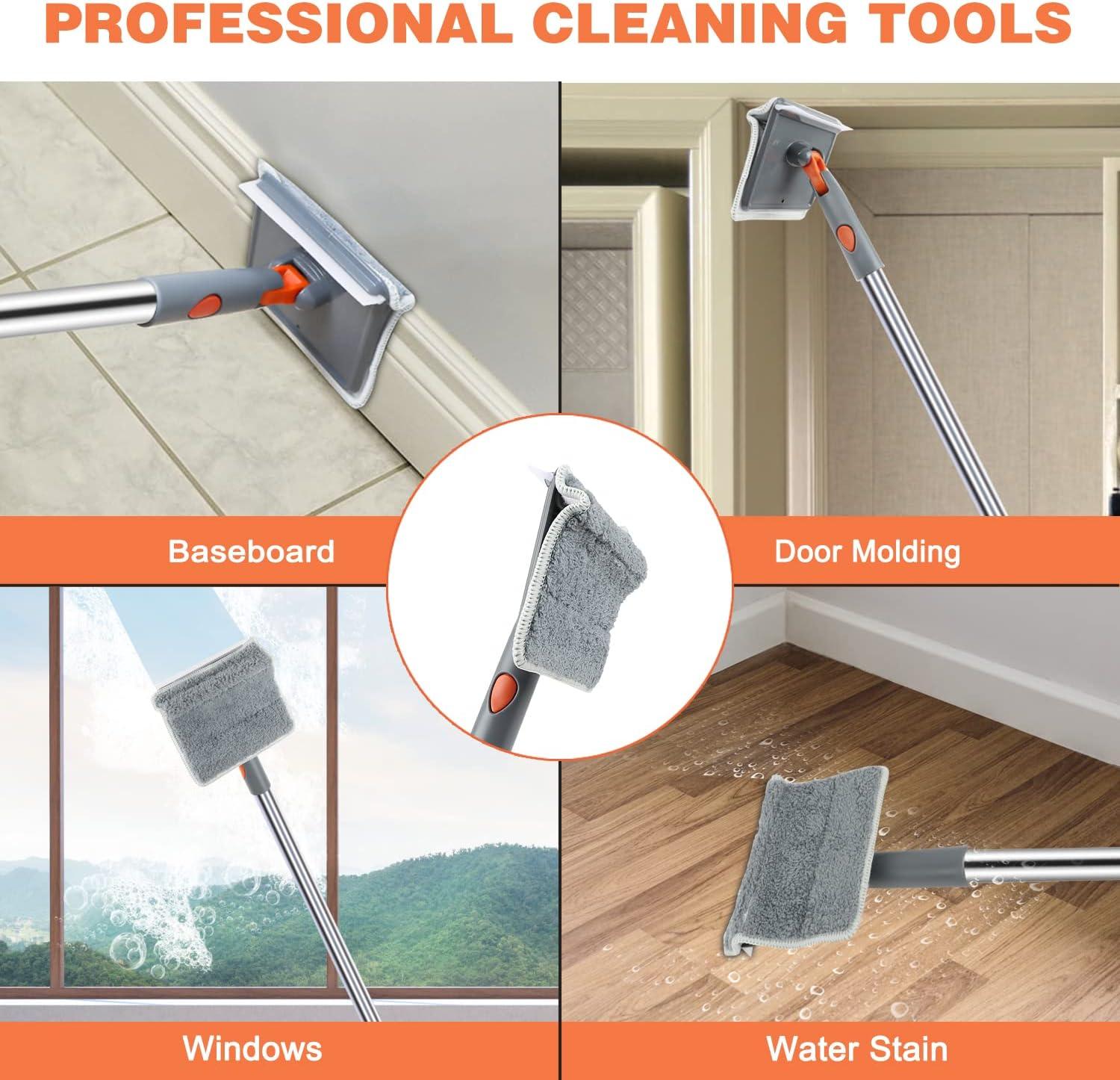 PLOEOUAR Baseboard Cleaner With Long Handle - Convex Design Duster Mop Tool For Baseboard, Door Molding, Windows, Ceiling - Includes 6 Reusable Microfiber Pads | Buy Now With Express International Delivery