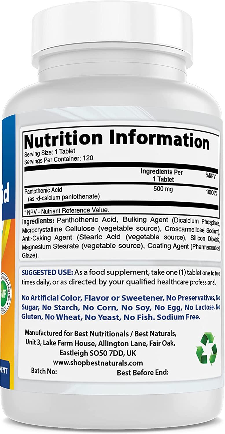 Best Naturals Pantothenic Acid 500 mg 120 Tablets