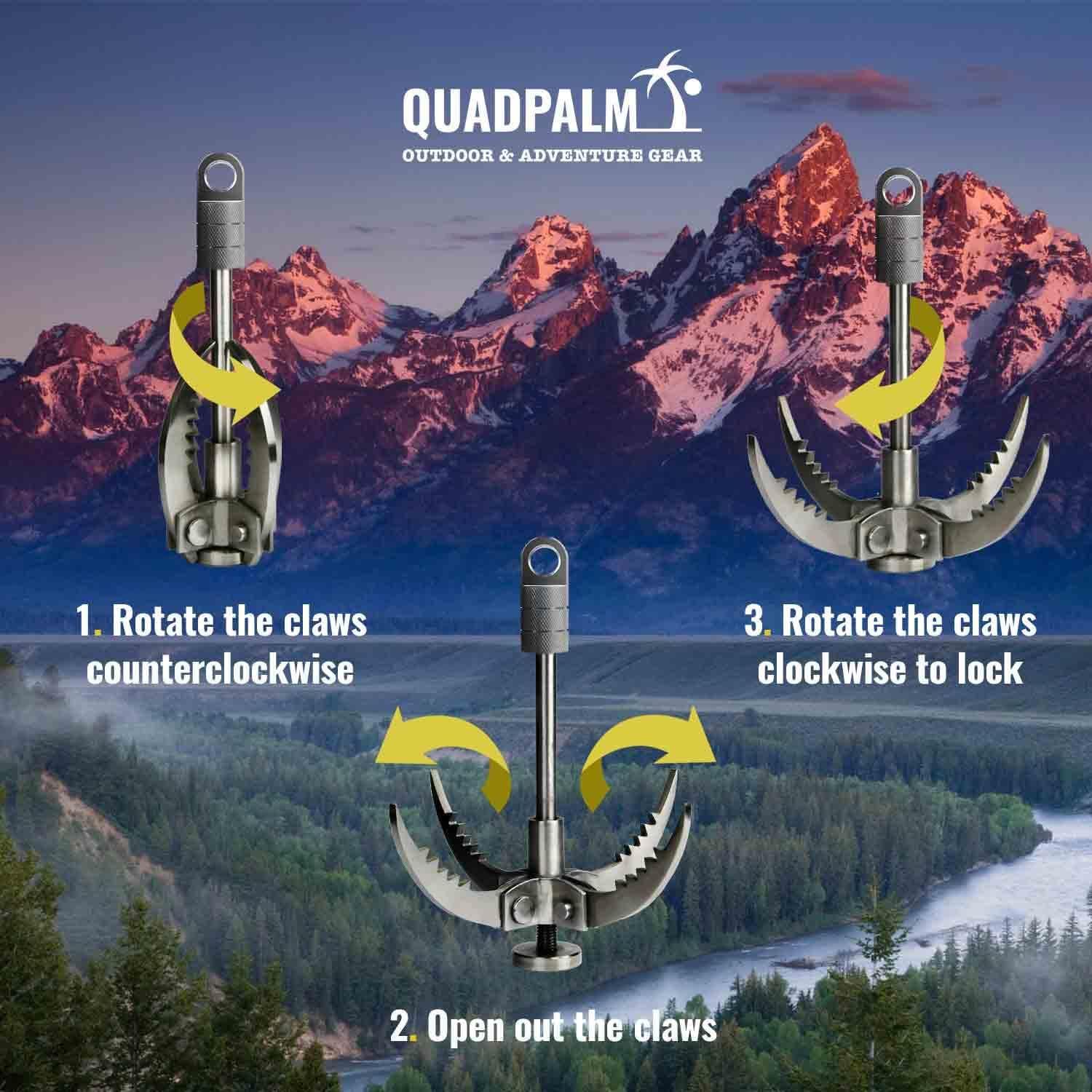 QUADPALM Grappling Hook and Rope 10M (32ft) - Multifunctional Heavy Duty  Survival Hook - 4 Stainless Steel Folding Claws - Survival Gear - Outdoors  Camping Hiking blue