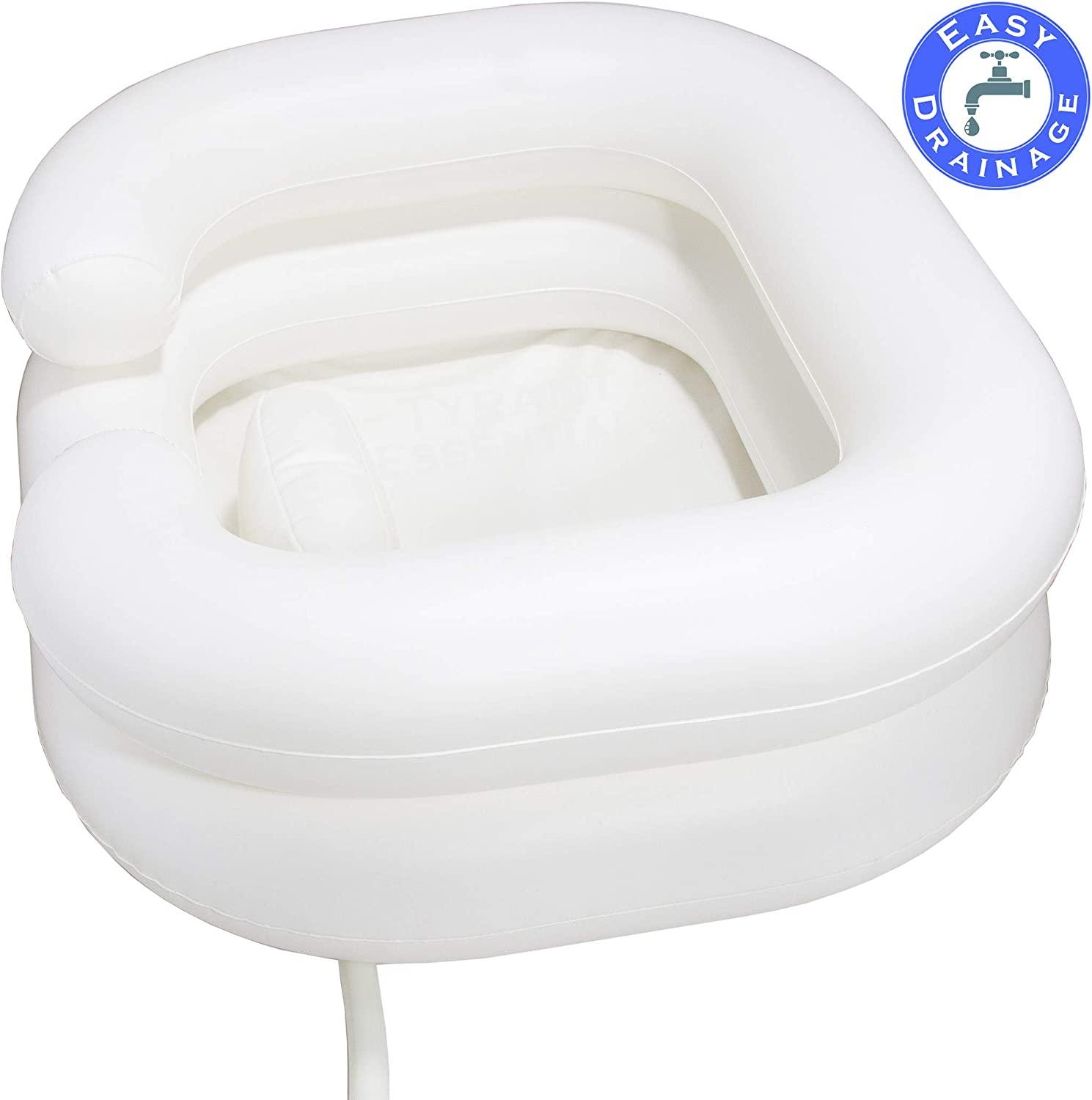 Inflatable Shampoo Basin with Pillow – in Bed Hair Wash Bowl for Bedridden,  Elderly Disabled and Loved Ones – Pillow for Extra Head & Neck Support with  No-Clog Easy Drainage