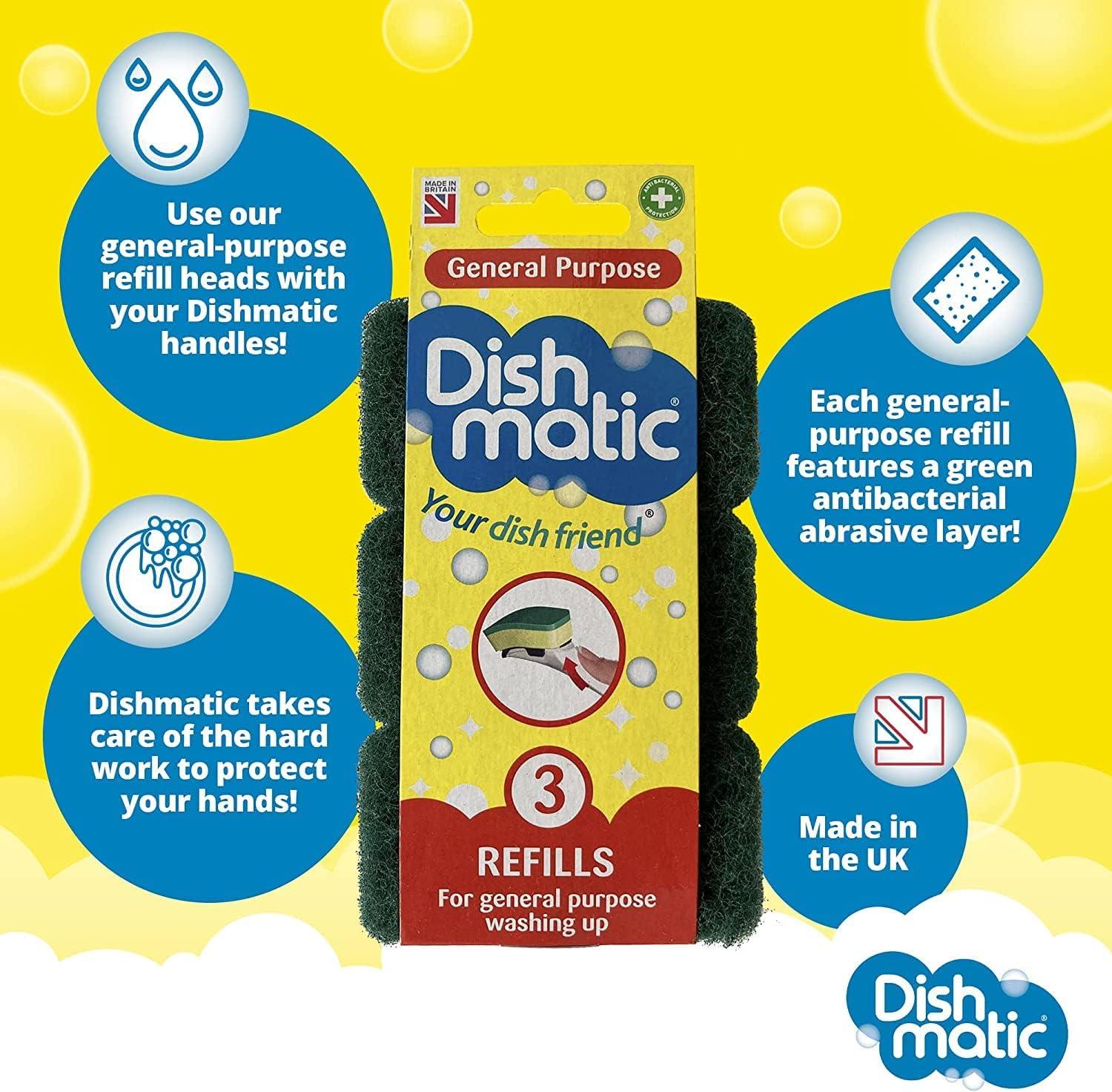 Dishmatic Fillable Washing up Brush and Sponge - Easy Grip Dish Cleaner +1  Bonus Refill - with 9X Dishmatic General Purpose Brush Sponge Refills  Dishmatic Brush + 9X Refills