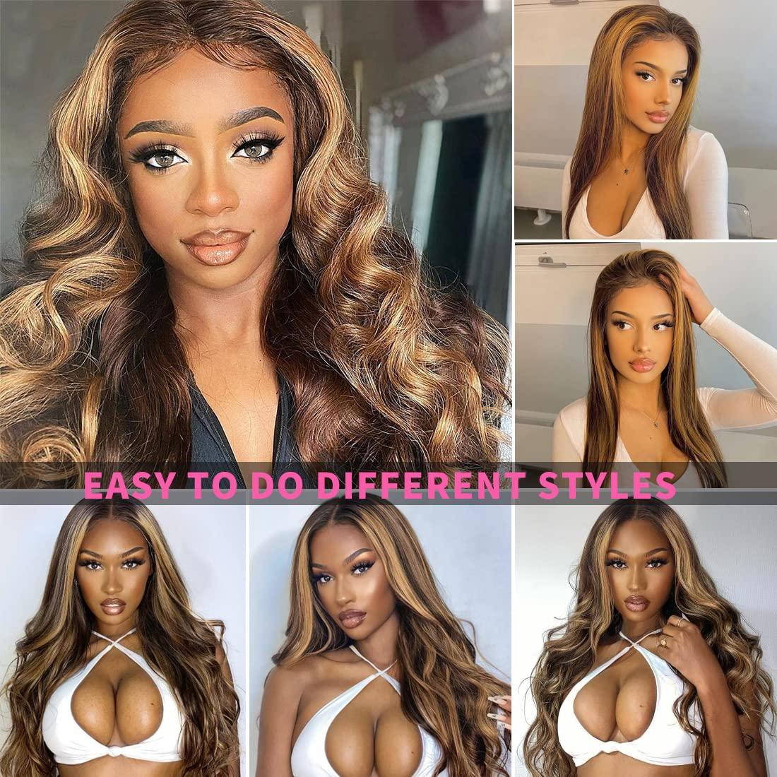 Lace Front Wigs Long Human Hair Pre Plucked Brown Mixed Blonde
