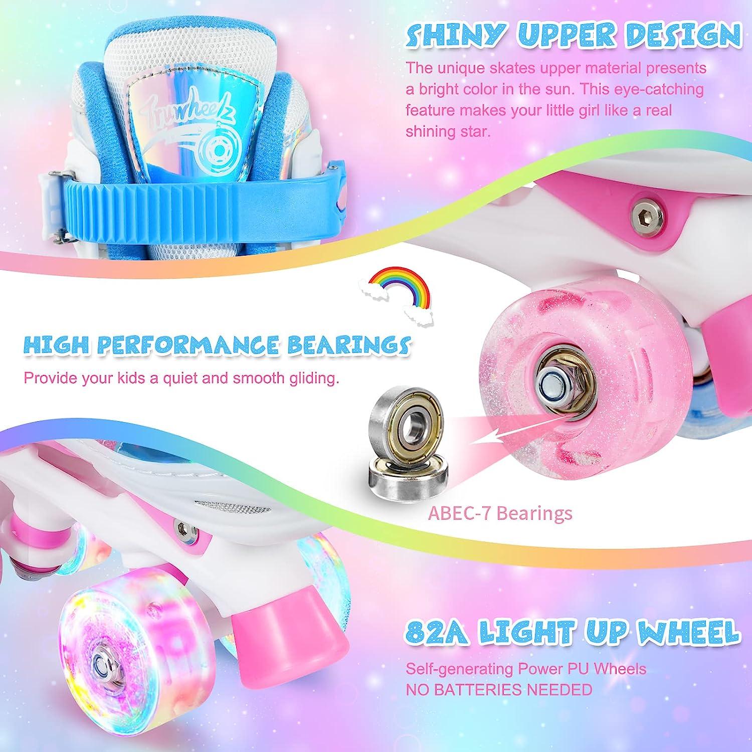 Unicorn Pattern Adjustable Light Up Roller Skates for Girls Ages 6-12 & 3-5  | Wheelkids Rainbow Patines