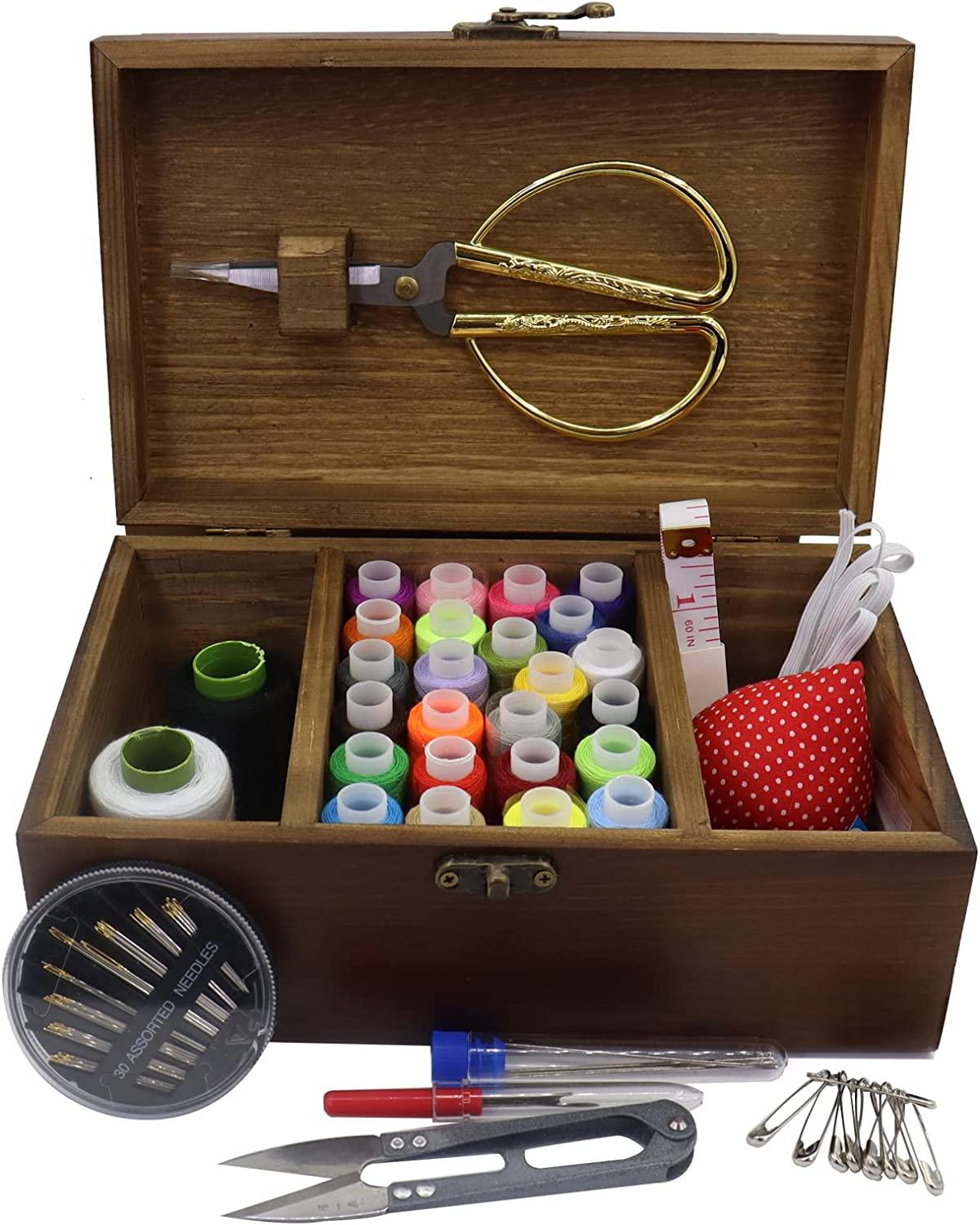 Flytreal Sewing Kit Box Basket, Wooden Hand Home Sewing Repair Tool Kit,  Beginner Universal Sew Kit Accessories for Women, Men, Adults, Girls, Kids  (Retro Dandelion)