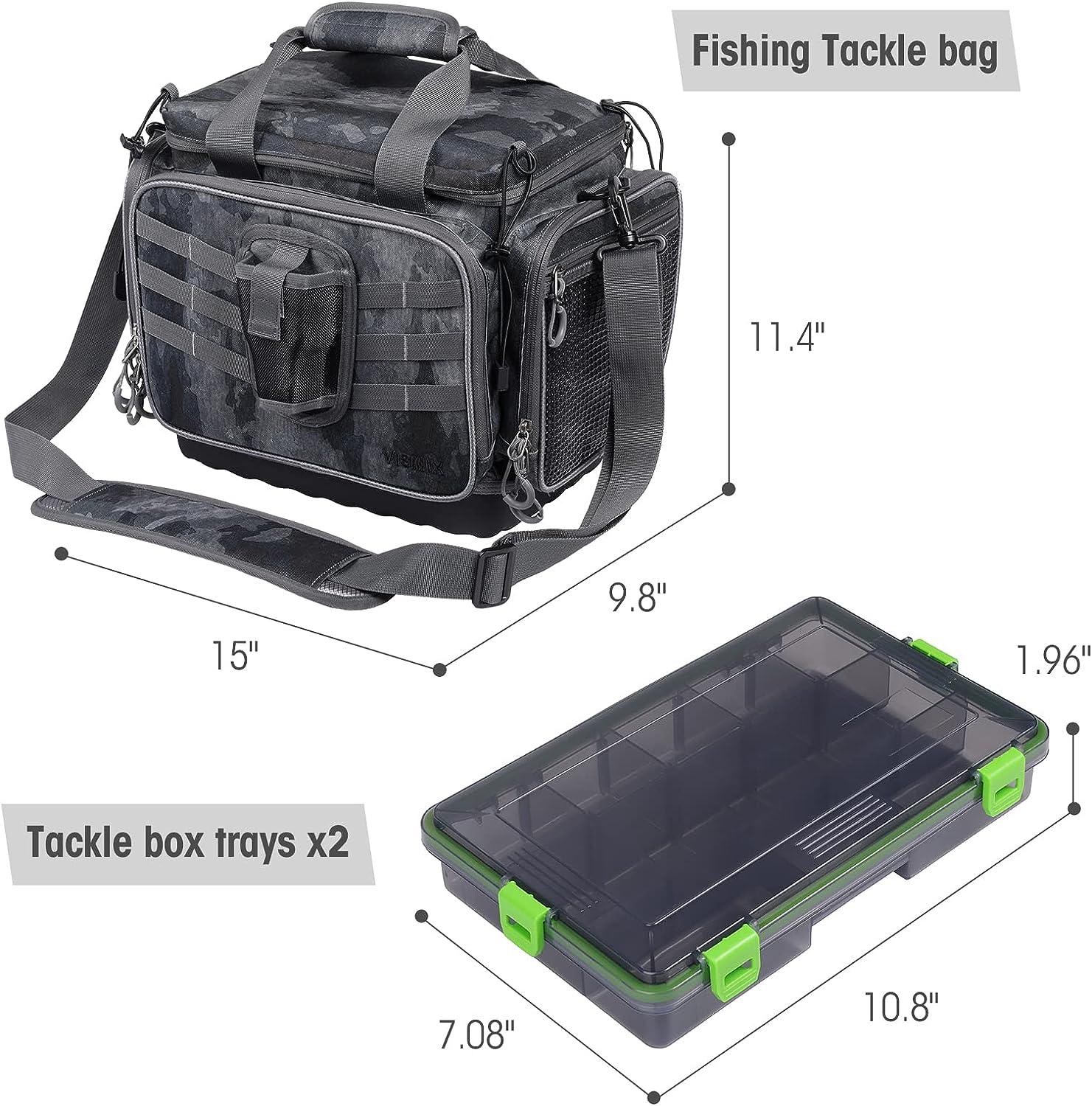 VISMIX Fishing Tackle Bag- Fishing Bag Large Water-Resistant Fishing  Storage Bag with 2pcs 3600 Tackle Tray Boxes and Rod Holder Black Camo 1