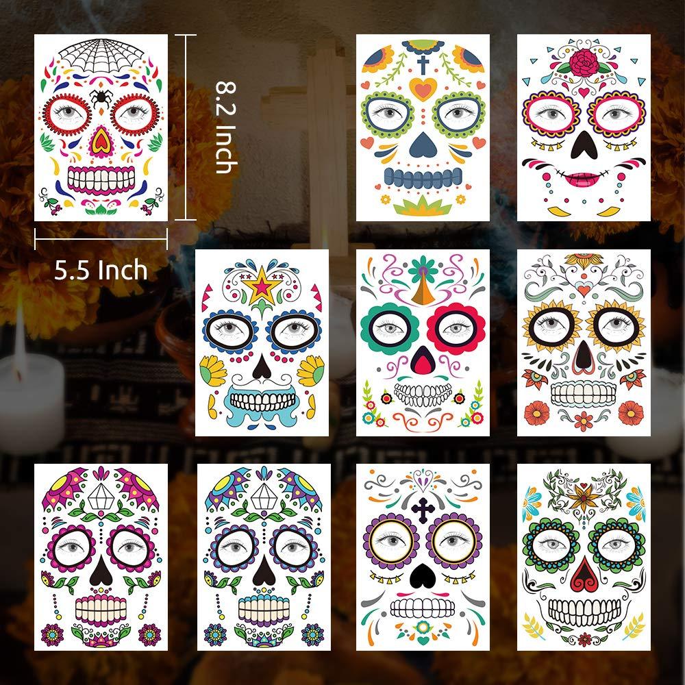 Day of the Dead Face Tattoos 10 Pack Día de Los Muertos Temporary