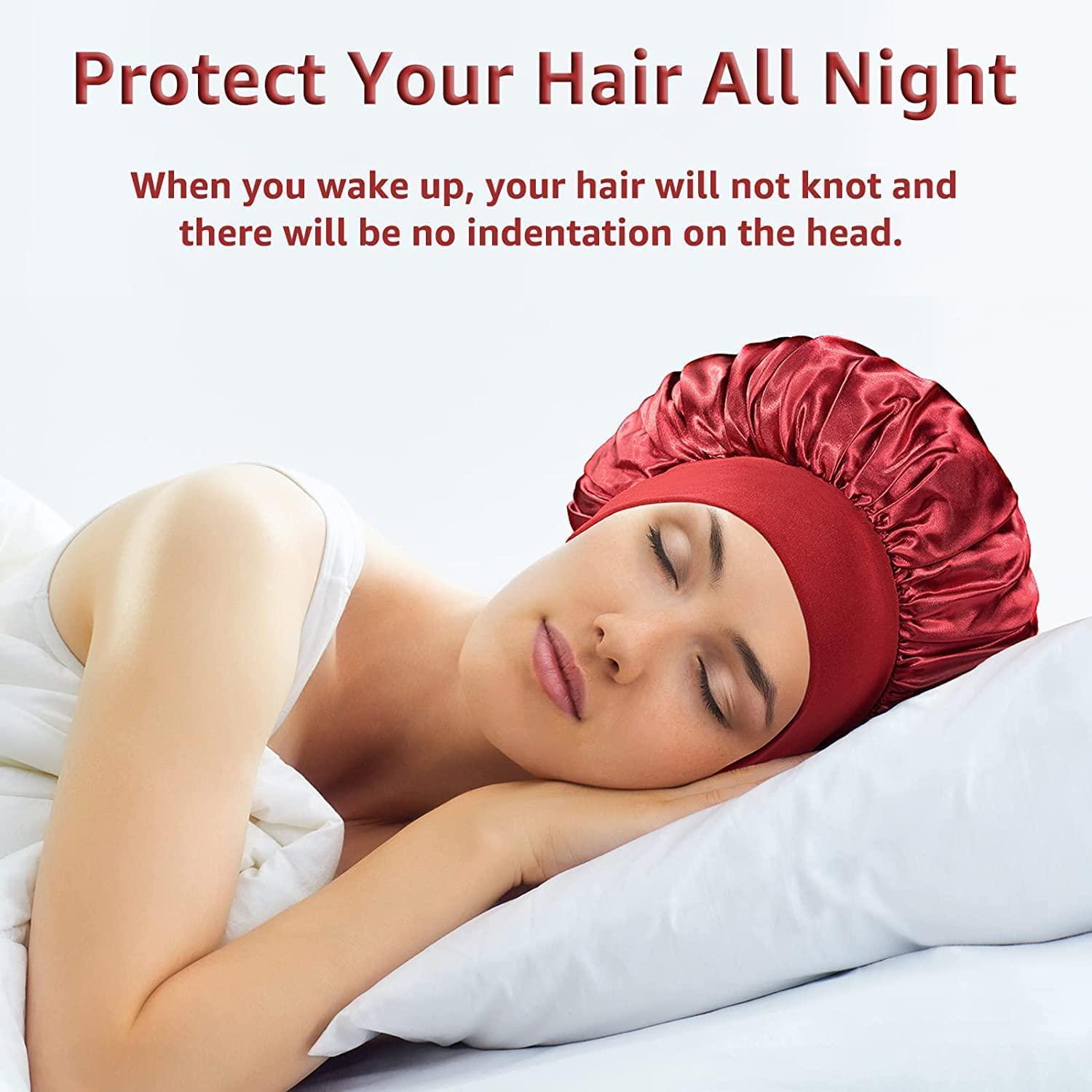 3PK Satin Bonnet Silk Night Sleep Cap Hair Head Covers, Wide Elastic Band  Colors