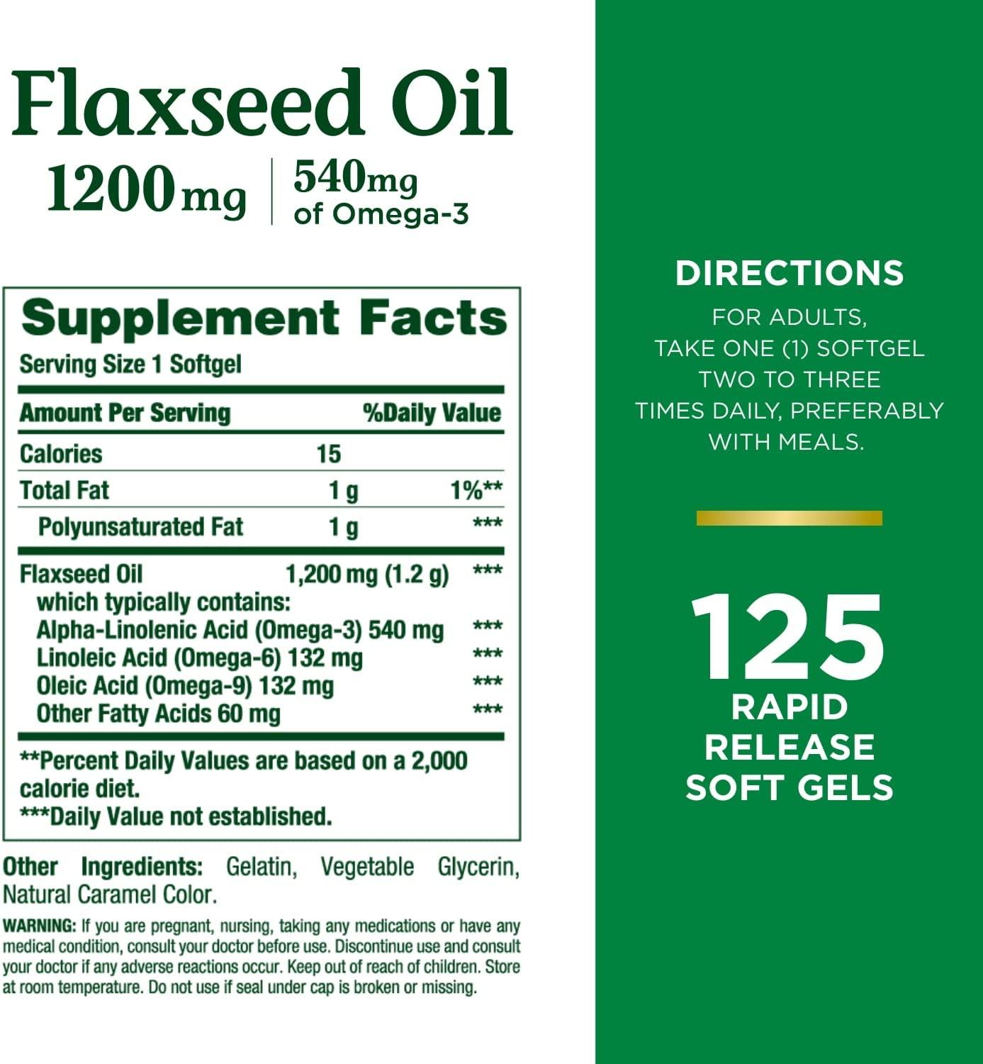 Nature's Bounty Flaxseed and Omega 3 1200mg Softgels 125 Count