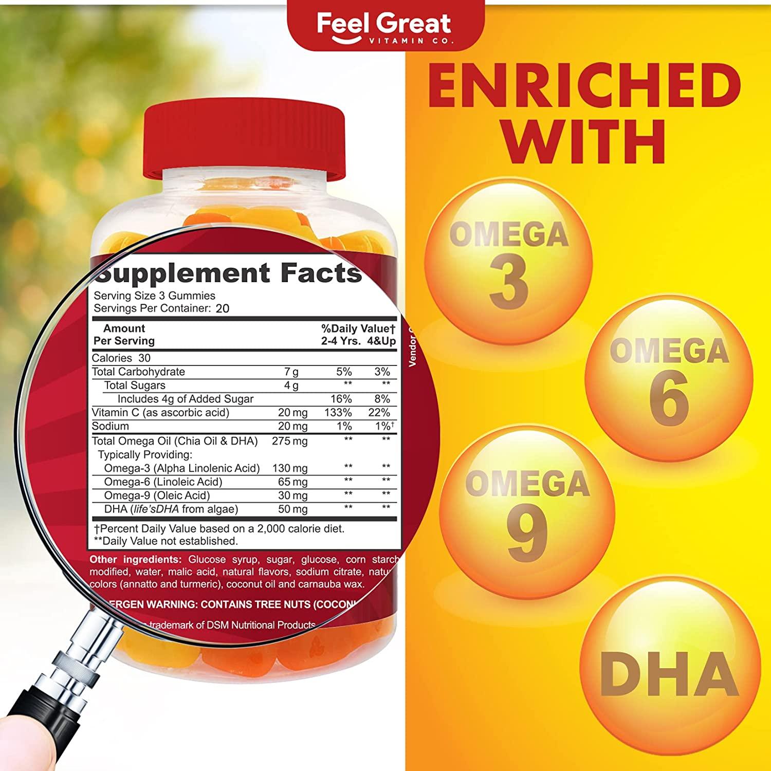Feel Great Vitamin Co. Kids DHA Gummies with Omega 3 6 9 + DHA & Vitamin C Brain Vision