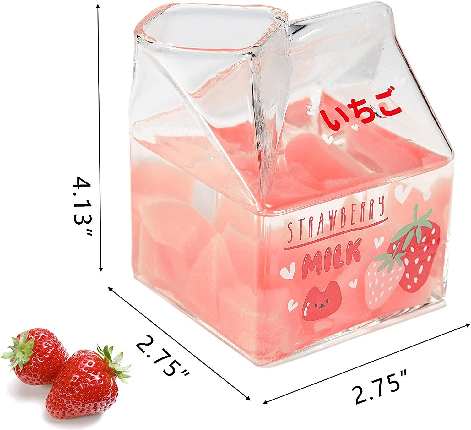 Kawaii Glass Milk Carton Cup Cute Strawberry Milk Cup Mini Creamer Pitcher  Container Microwavable 12 Oz, 1Pcs