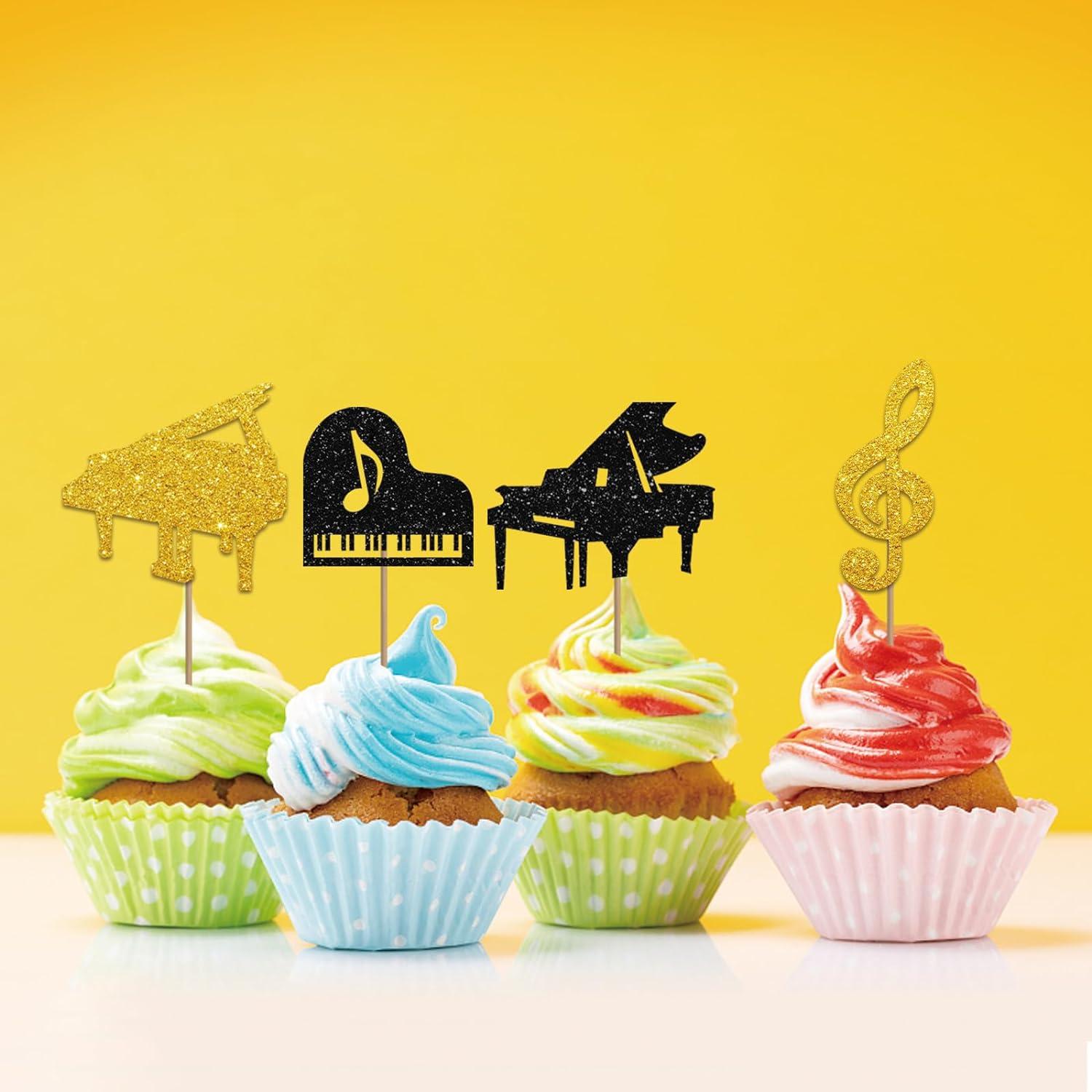 Set of 24 Piano Cupcake Toppers for Musician Birthday Black & Gold ...