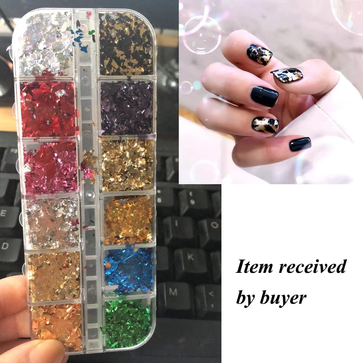 12 Grids Nail Art Foil Flakes Gold Silver, Sparkly Gold Silver