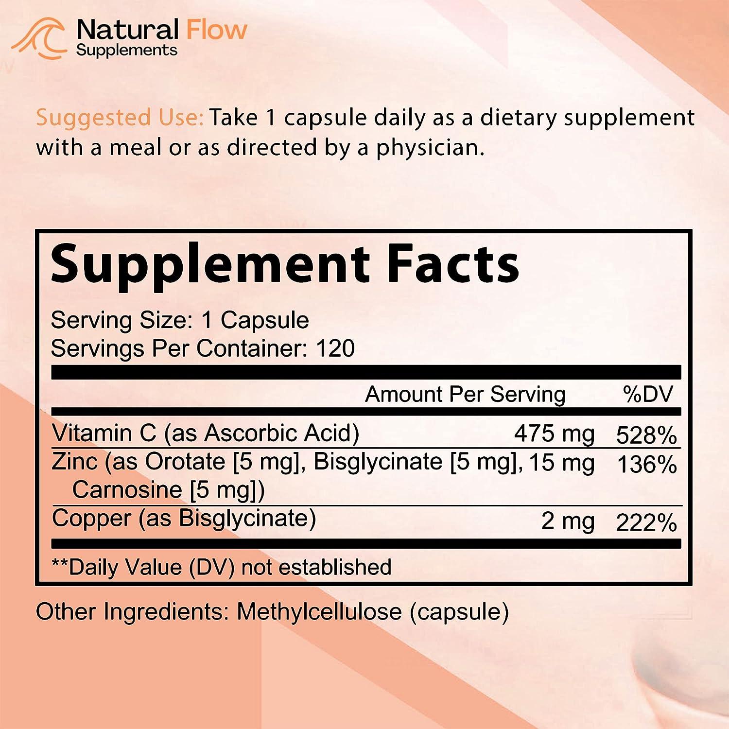 Zinc Supplement Complex with Copper and Vitamin C Natural Flow 3X
