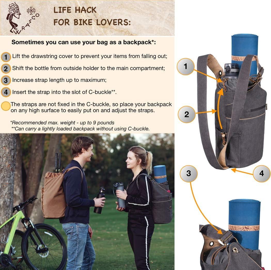 WRASCO Convertible Yoga Mat Bag for Women & Men Large Canvas Yoga Bag and  Carrier Fits All Your Stuff in 2 Large Compartments, Zipper Pockets &  Bottle Holder 2 Elastic Straps Gift