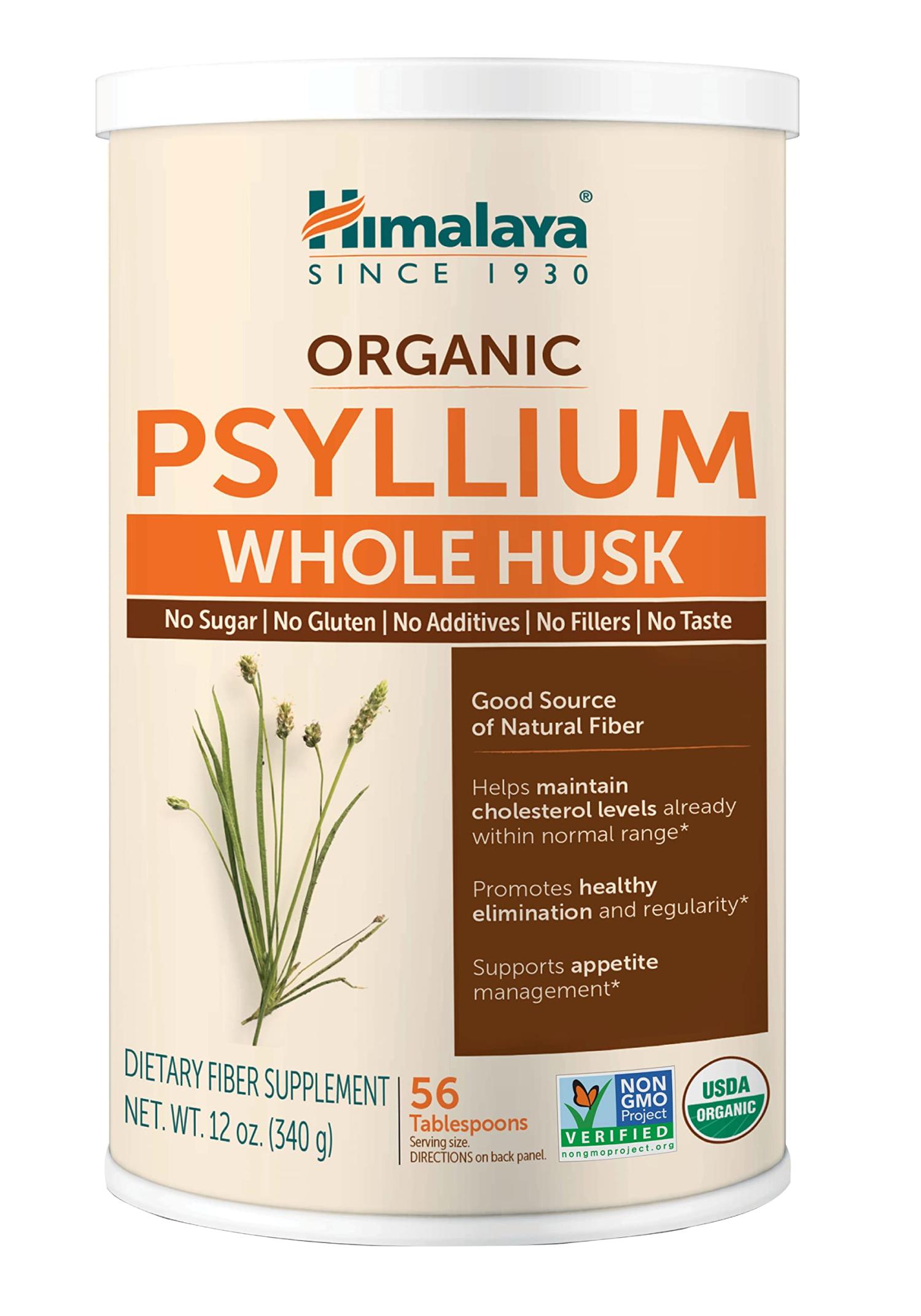 Himalaya Organic Psyllium Whole Husk for Daily Fiber and Cholesterol Support, 12 oz, 56