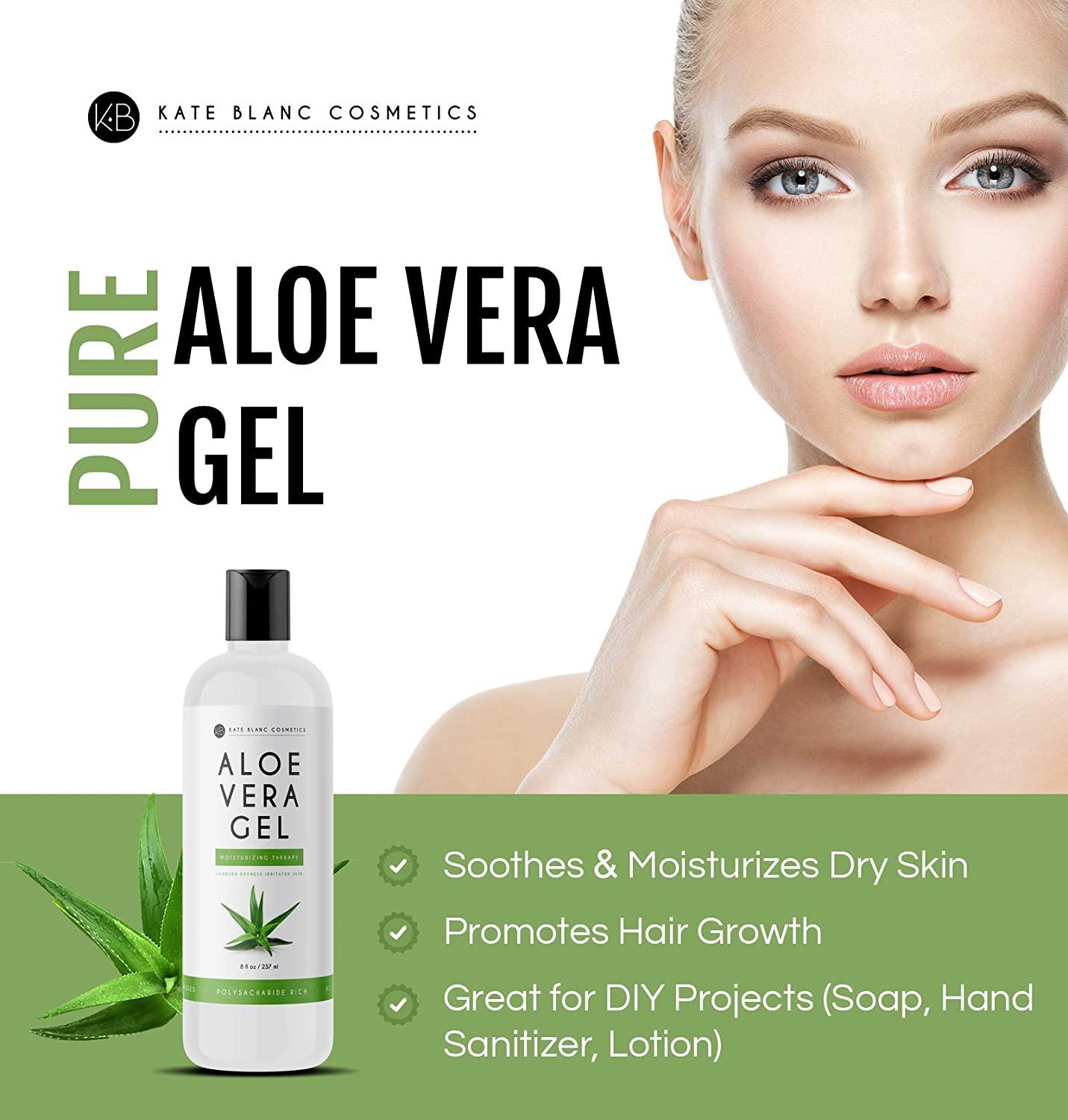 Aloe Vera Gel for Face and Skin (8 oz) - Kate Blanc Cosmetics. Pure Aloe  Vera Gel for Hair Growth. Aloe Gel Great for Sunburn Relief, Burns, Dry  Scalp Moisturizer. Made from
