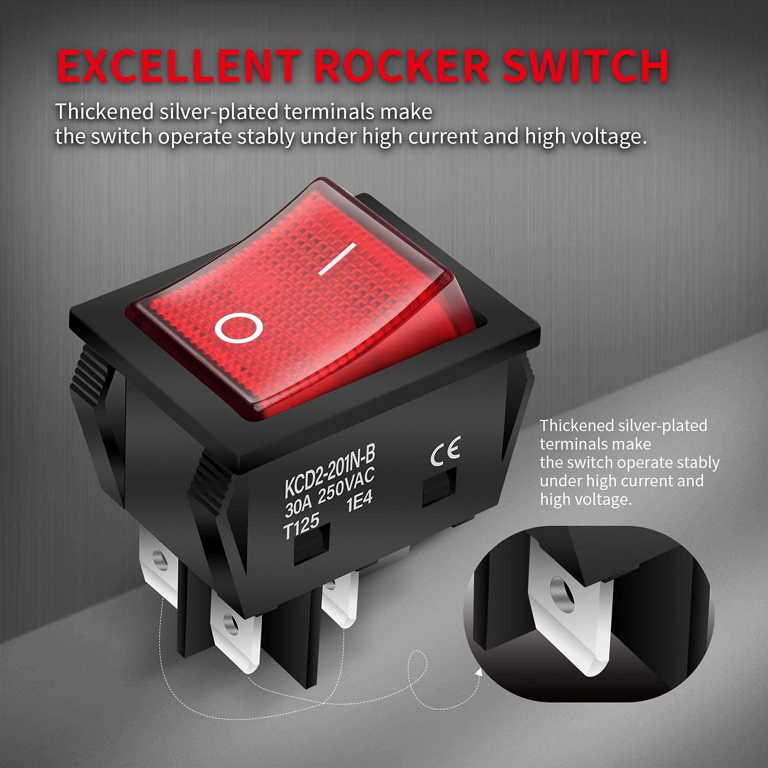 DaierTek 30A 250V KCD2 KCD4 Rocker Switch DPST 4 Pin Red Lighted 120V