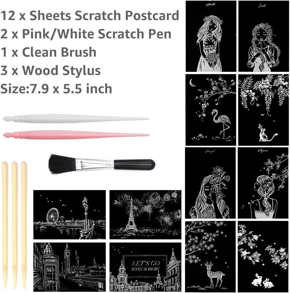 4pcs Scratch Art Paper Set, With 1pcs Wooden Pencil, Postcard