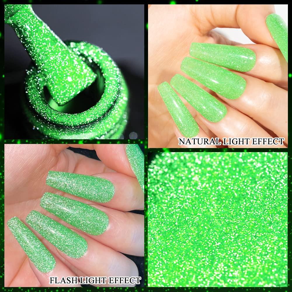 Supwee Neon Green Reflective Glitter Gel Nail Polish Sparkle Fluorescent Nail Polish Gel Shiny