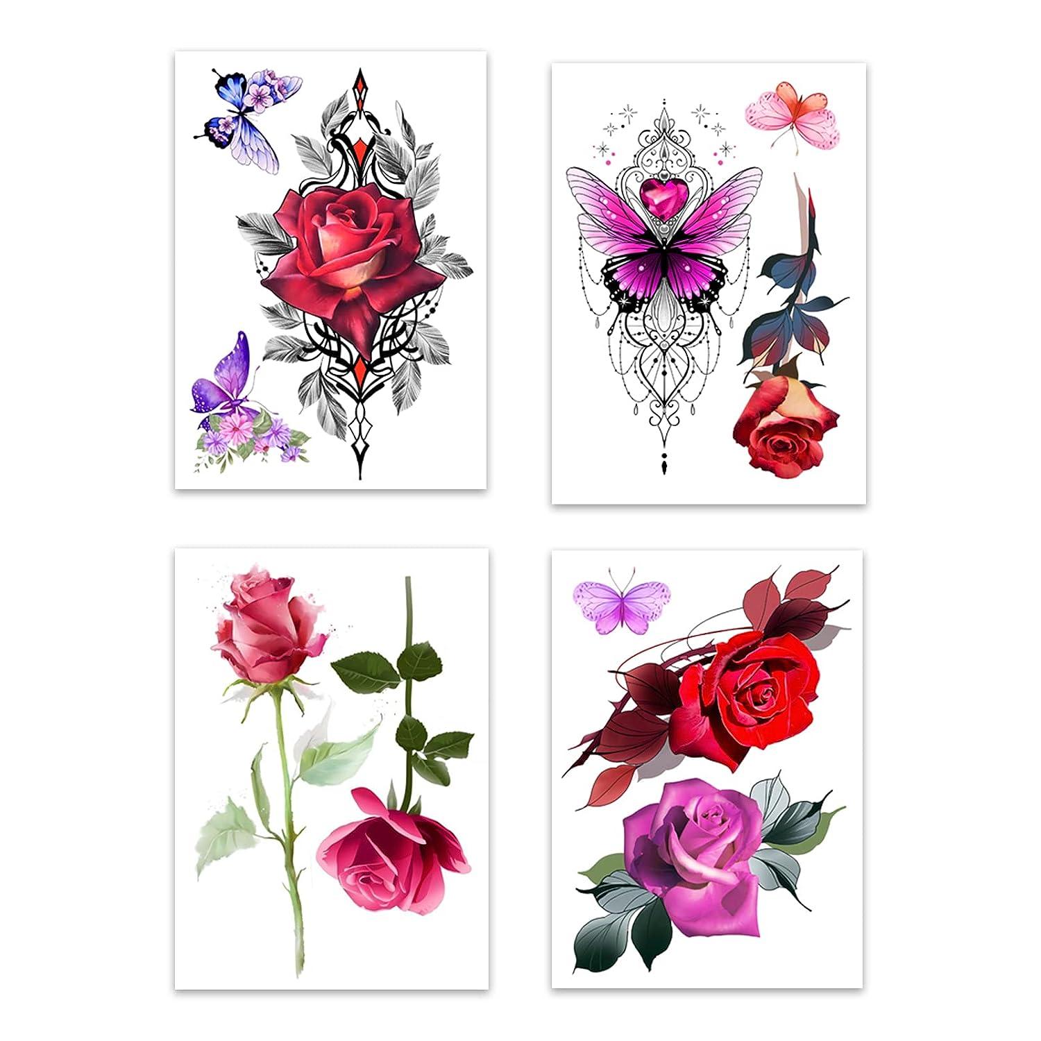 ROARHOWL Large Rose Temporary Tattoos for Women Stunning Rose Flower Fake Tattoo Set (Rose 2)