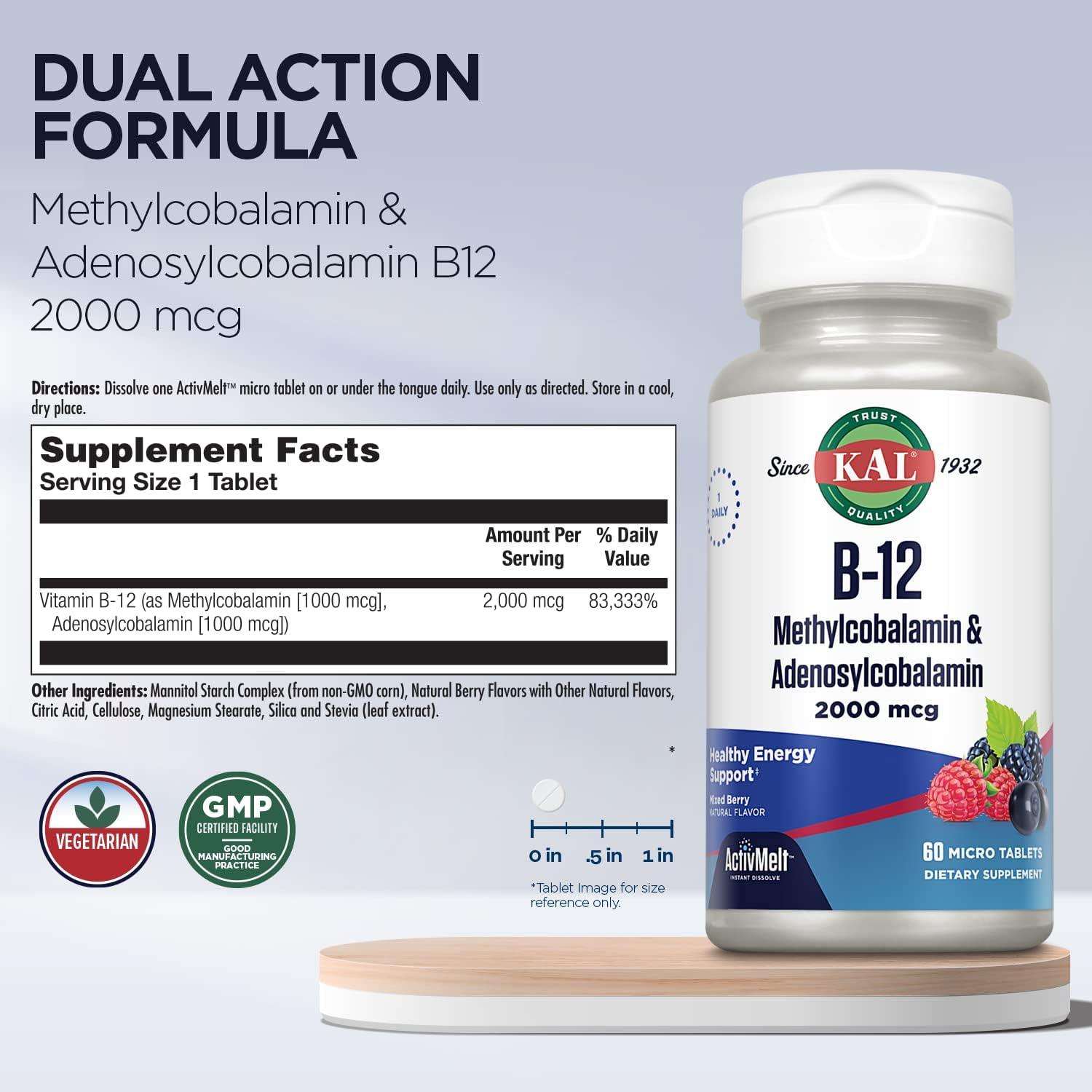 KAL Vitamin B12 Methylcobalamin and Adenosylcobalamin 2000 mcg