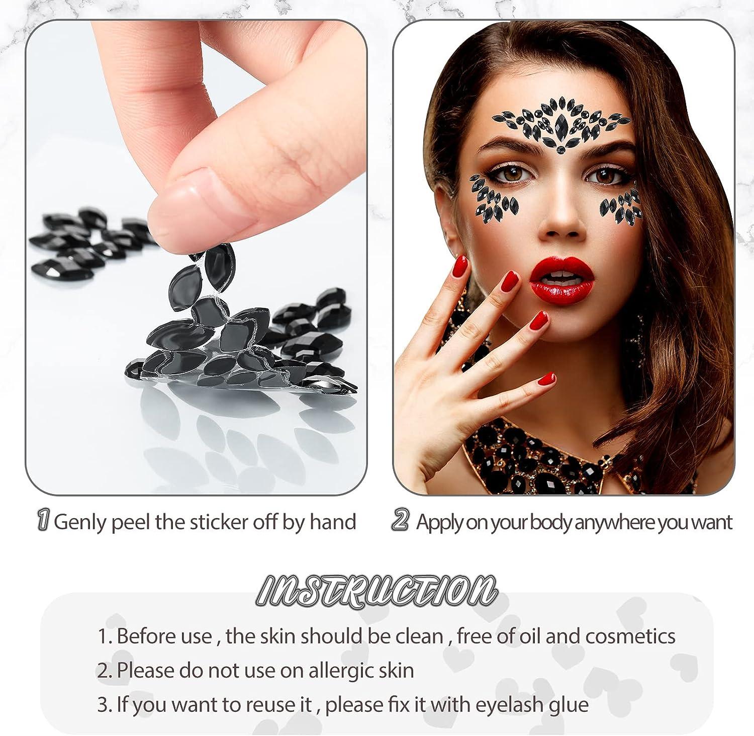 6 Sheets Face Gems Temporary Stick on Black Face Rhinestones Jewels for  Women Party Gift for Kids Costume Temporary (Stylish Style)