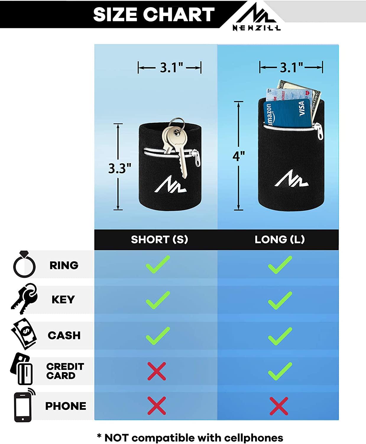 NEWZILL Wrist Wallet Wristband With Zipper - Cotton Sweatbands For Men & Women, Ideal For Sport, Running, Walking, Basketball, Football, Tennis, Hiking, Workout, And More Long Black