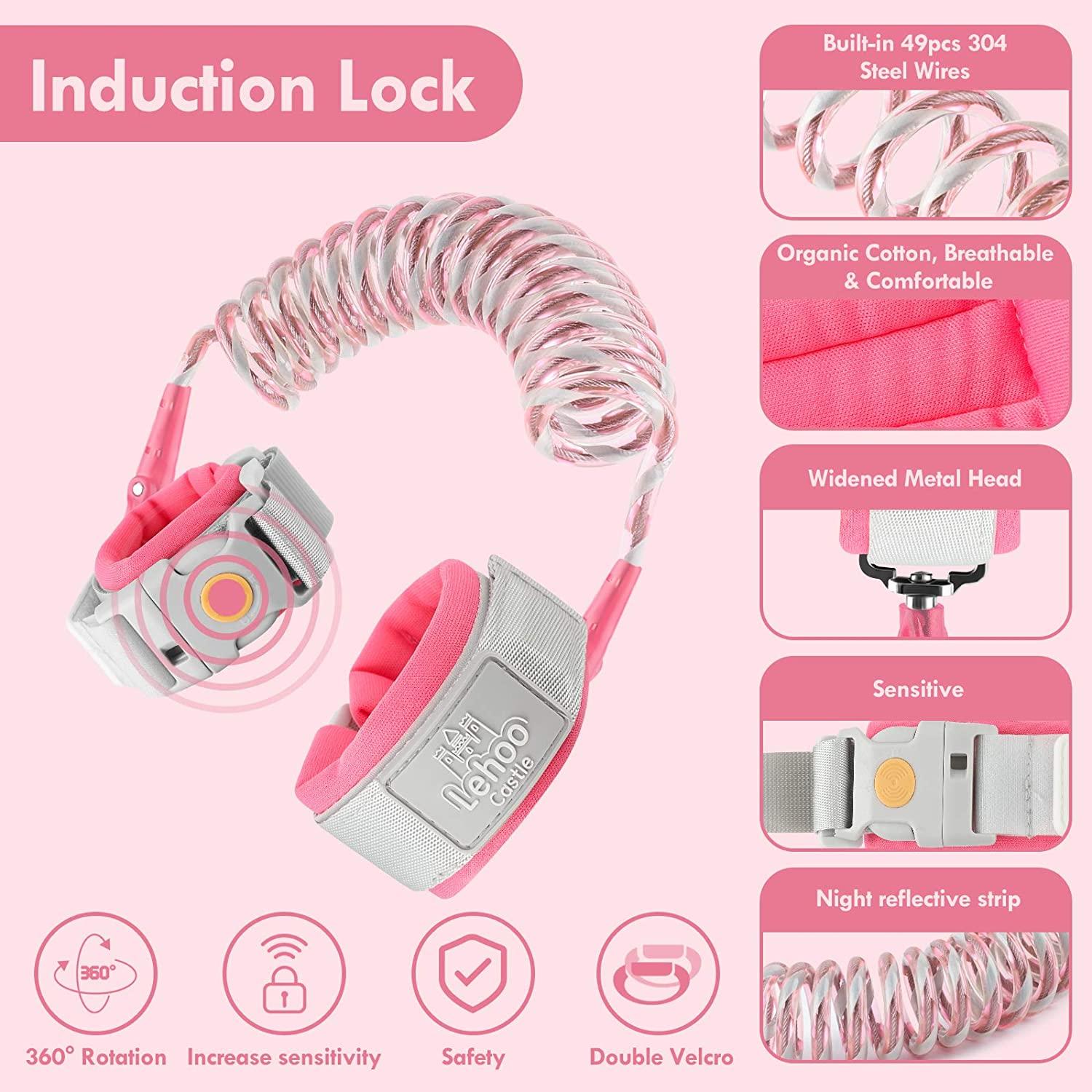 Lehoo Castle Upgraded Anti Lost Wrist Link, Kid Harness with Induction  Lock, Safety Wrist Leash for Toddlers, Kids Backpack Leash, Child Leash  Harness (Pink) Rose