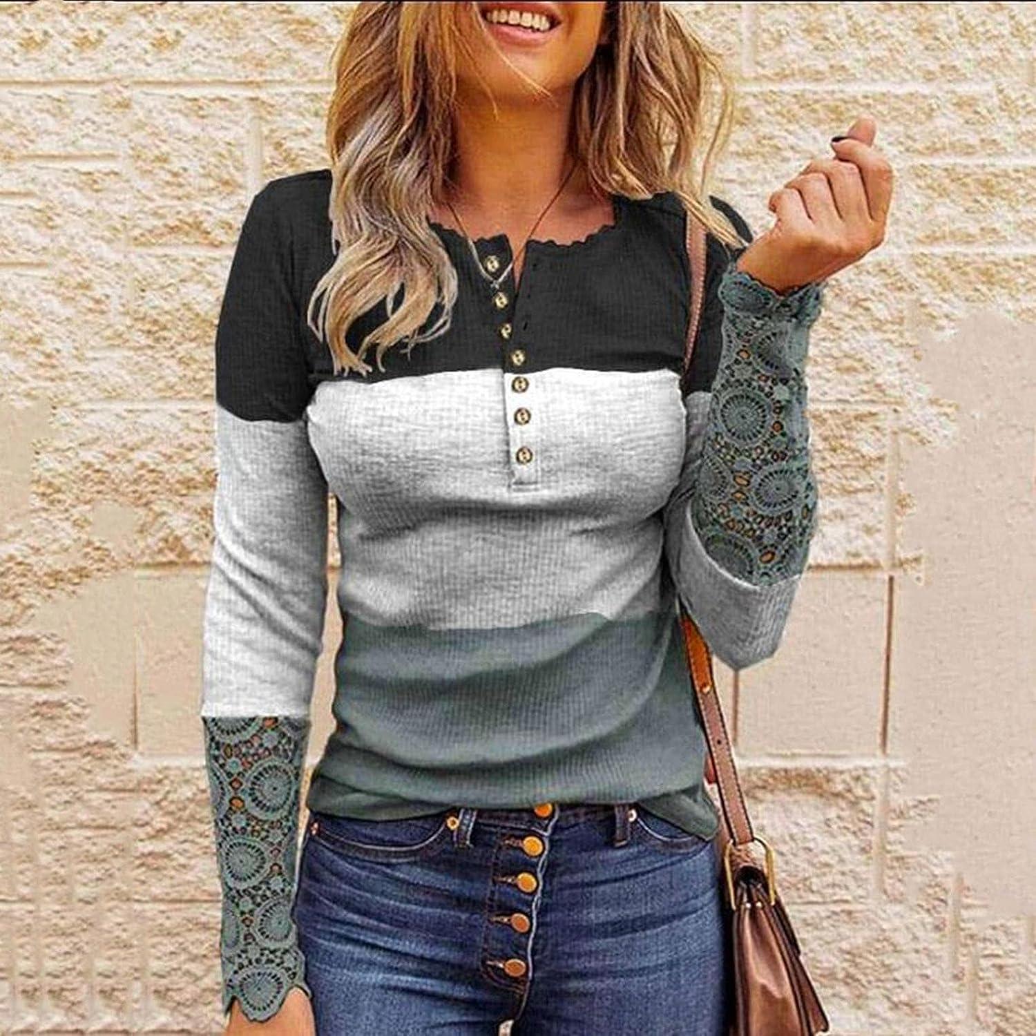 Long Sleeve Shirts for Women Fitted, Womens Ribbed Knit Henley T-Shirt Long  Sleeves Tunic Lace Tops Slim Fit Blouse Tee Tunic Medium Grey
