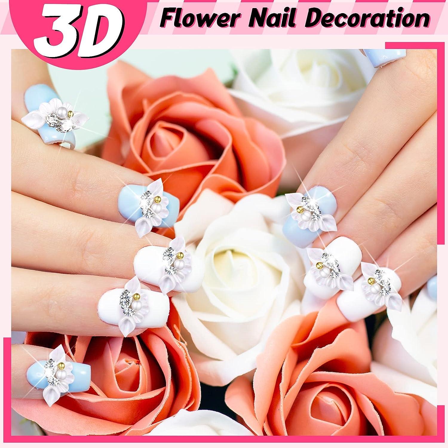50 Pcs 3D Acrylic Flower Nail Charms Fourth of July Star Nail Charm for Nail  Gems and Rhinestones with Pearl Beads Crystals Nail Blossom Spring Nail  Supplies for DIY (White Flower Style)