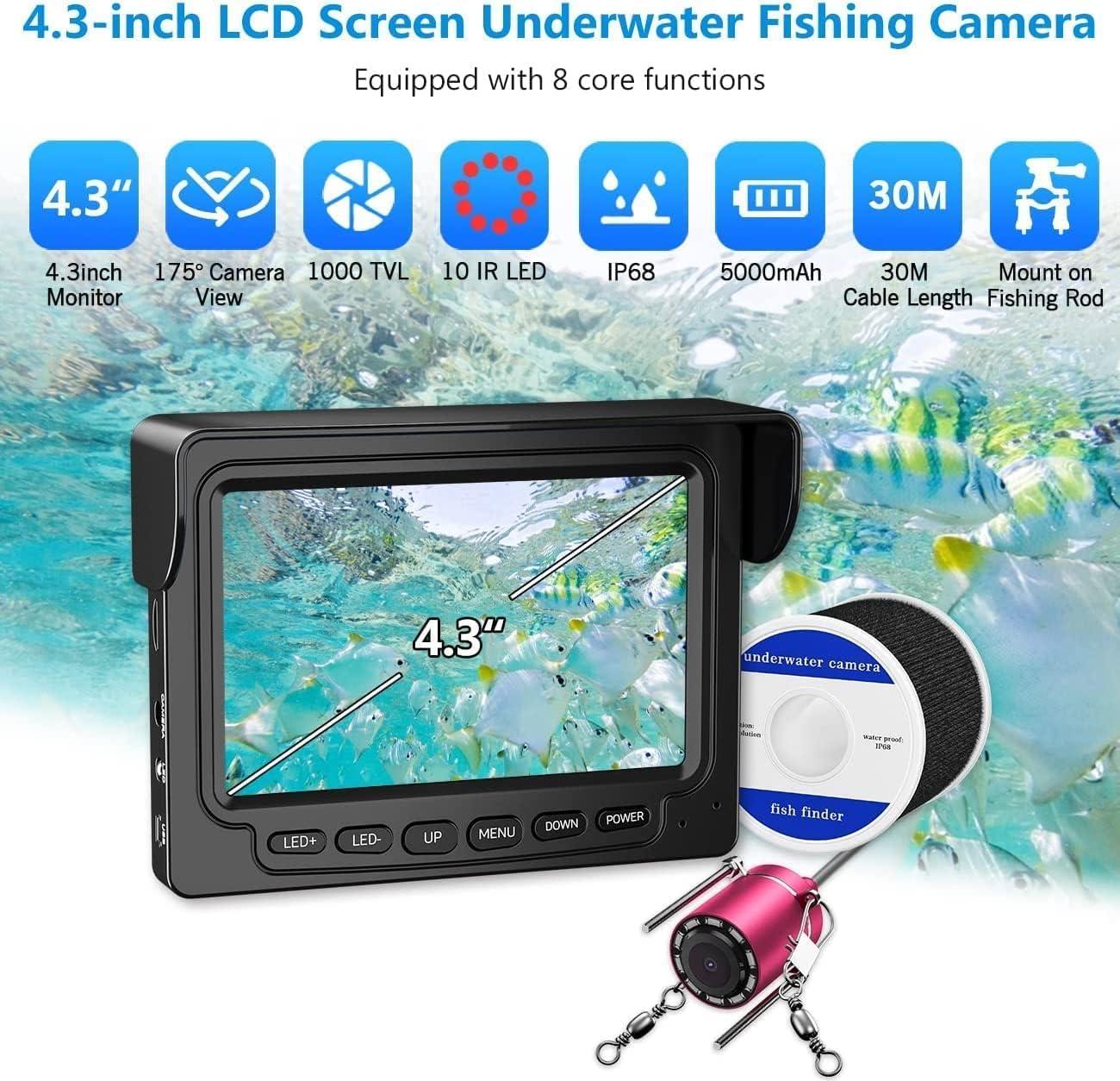 Anysun Underwater Fishing Camera 98Ft/30M Ice Fishing Camera with Red IR  Infrared LEDs IP68 Waterproof Fish Finder with 4.3 inch HD 1000TVL Color  Screen Fish Camera for Ice Fishing Sea Lake Boat
