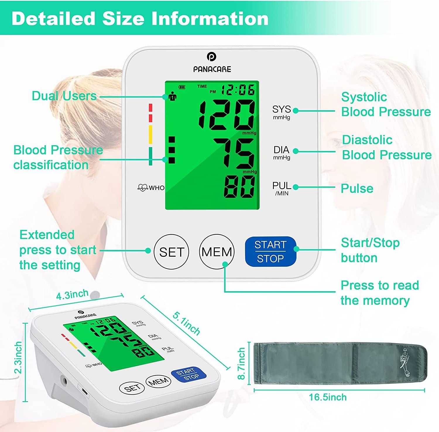Blood Pressure Monitor PANACARE Automatic Upper Arm Machine Accurate  Adjustable Digital BP Cuff Kit 3.4'' Tri-Color Backlit Display Audio  Reading Heart Rate Indicator 8.7-16.5'' Blood Pressure Cuff
